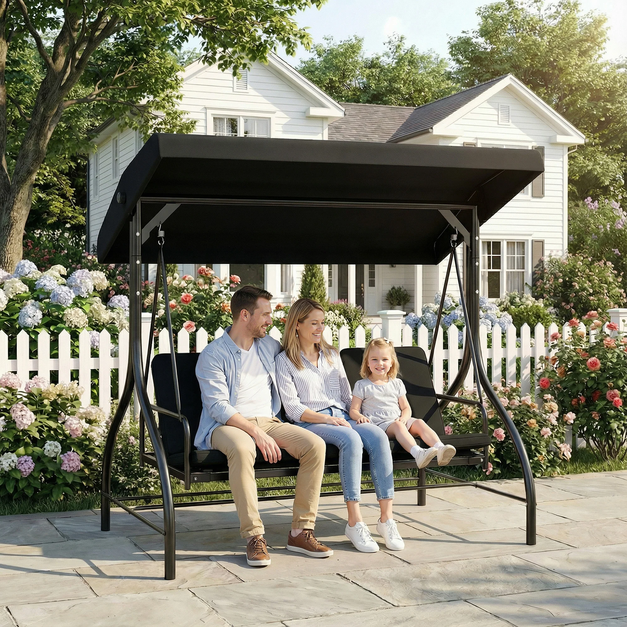 Outsunny 3 Seater Canopy Swing Chair Porch Hammock Bed, Black - Image 2