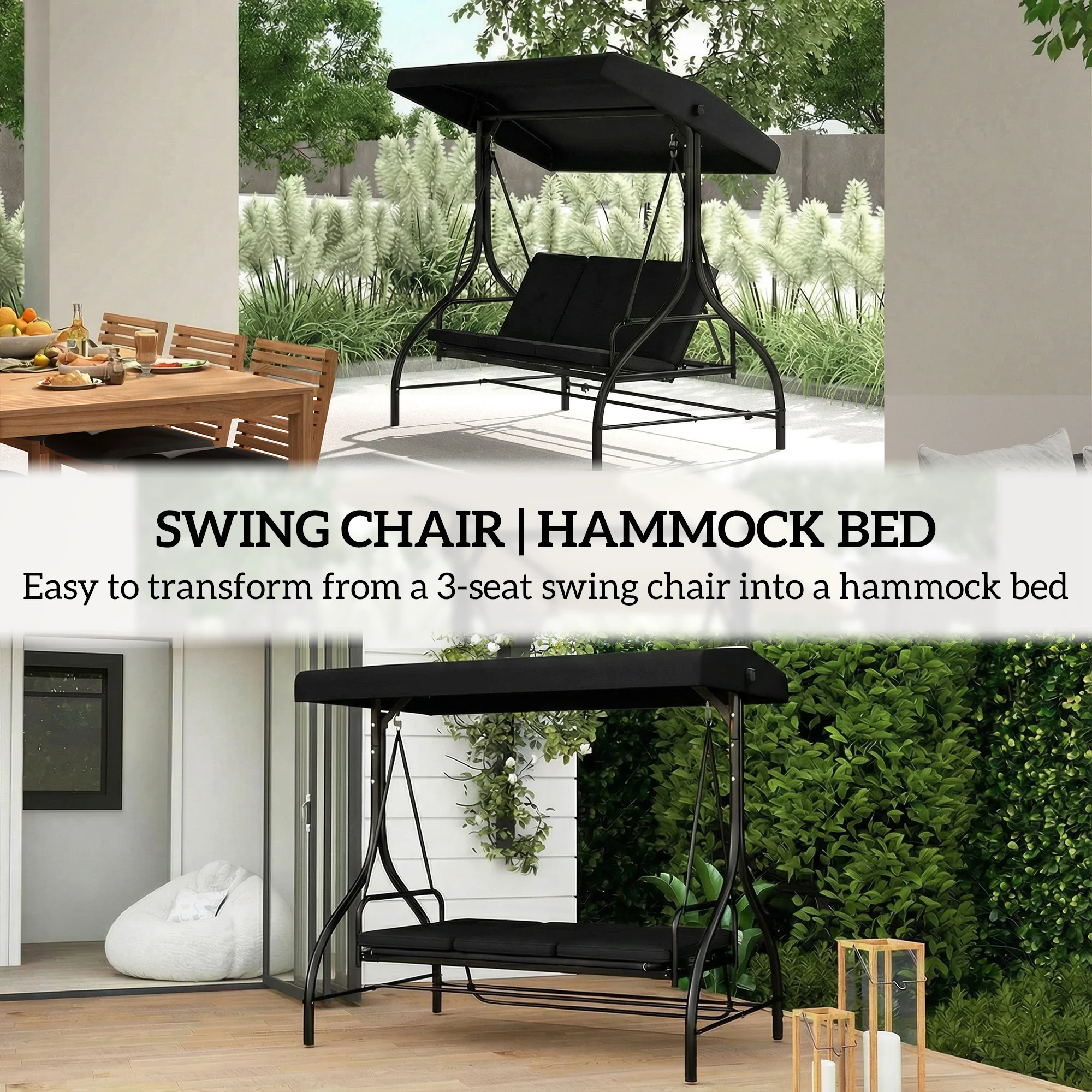 Outsunny 3 Seater Canopy Swing Chair Porch Hammock Bed, Black - Image 5