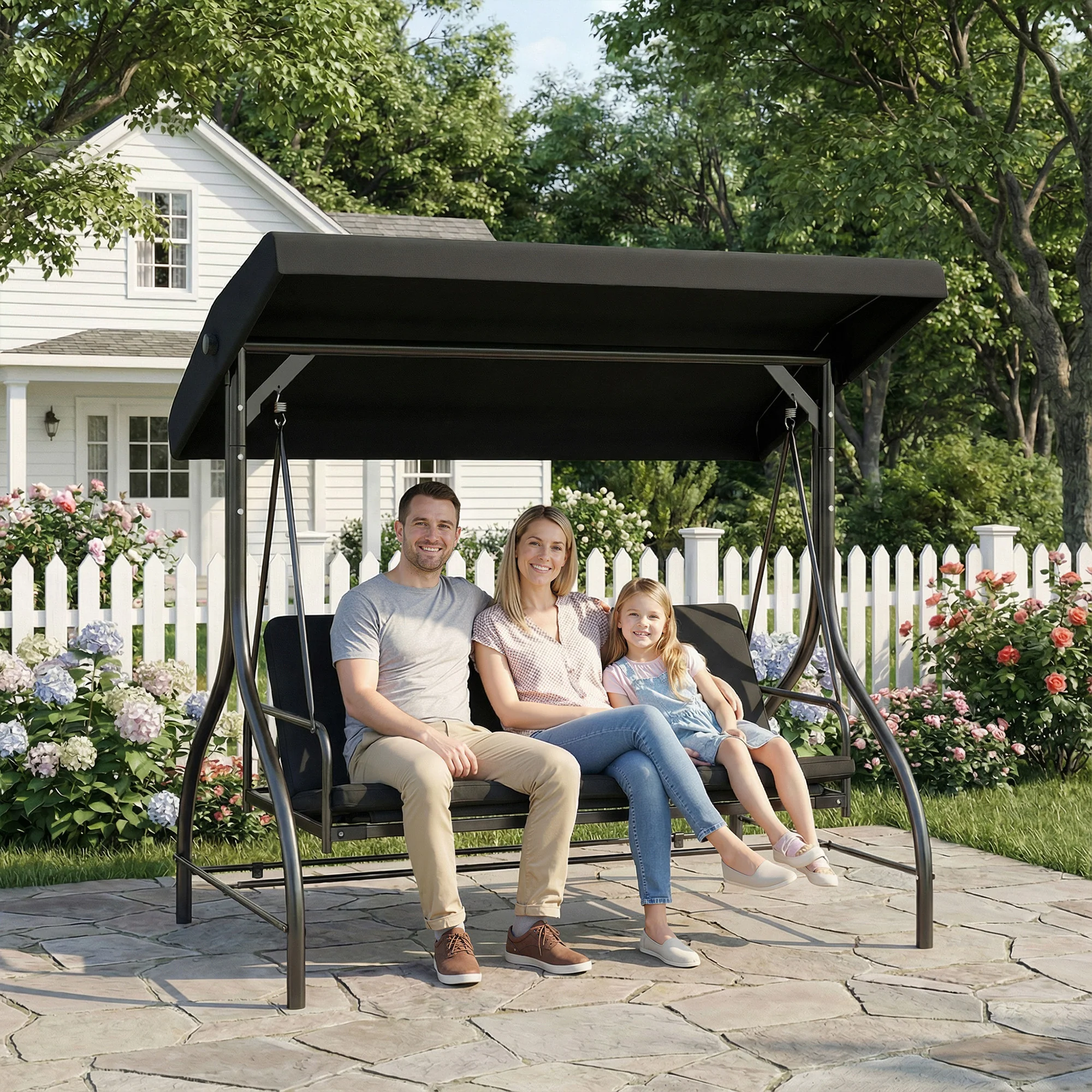 Outsunny 3 Seater Canopy Swing Chair Porch Hammock Bed, Black - Image 8