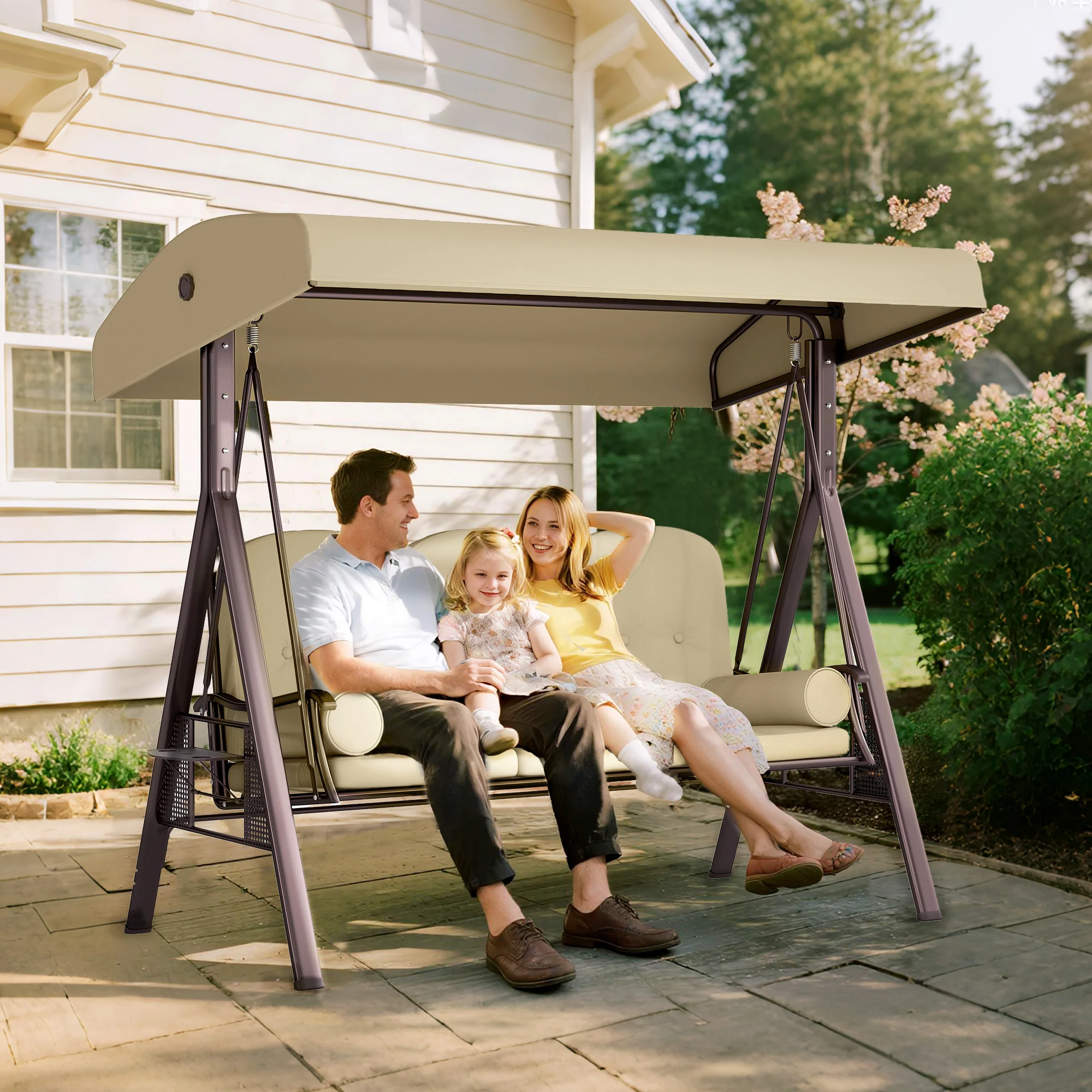 Outsunny 3 Seater Garden Swing Chair Patio Swing Bench w/ Cup Trays Brown - Image 2