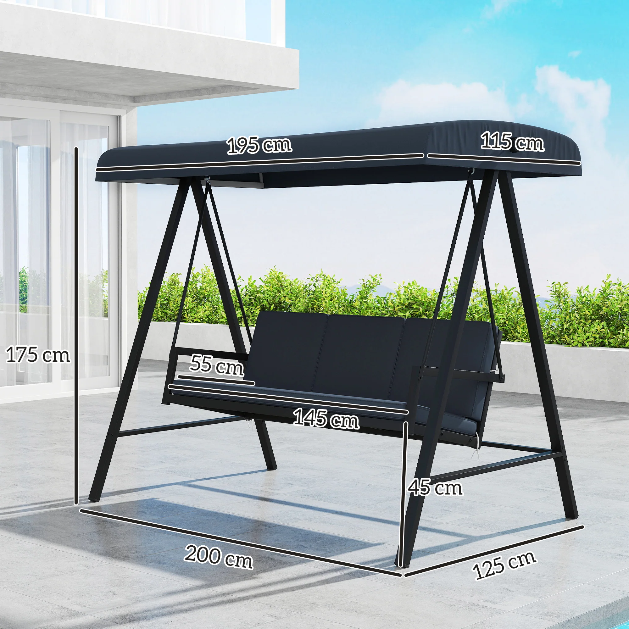 Outsunny 3 Seater Garden Swing Chair with Adjustable Canopy and Cushions - Image 14
