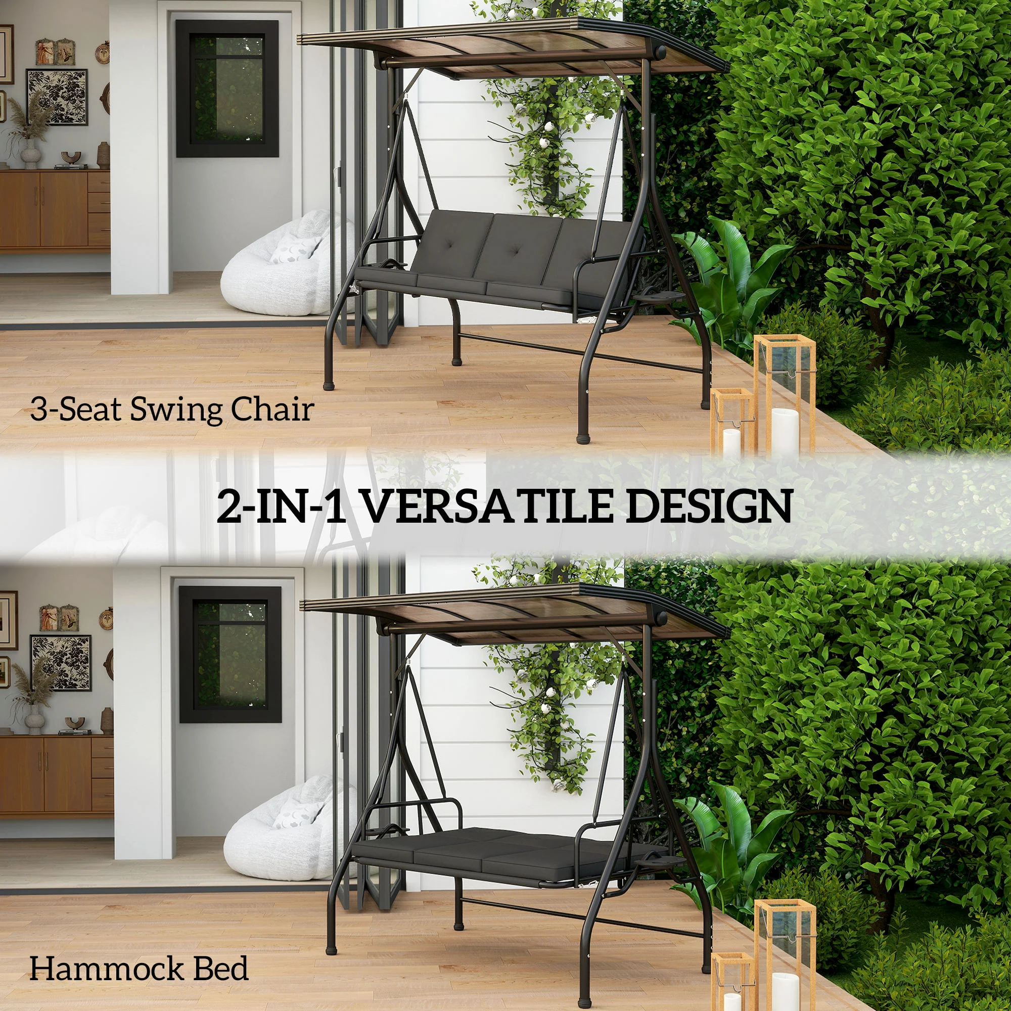Outsunny 3 Seater Garden Swing Seat Bed, Convertible Swing Chair - Image 3