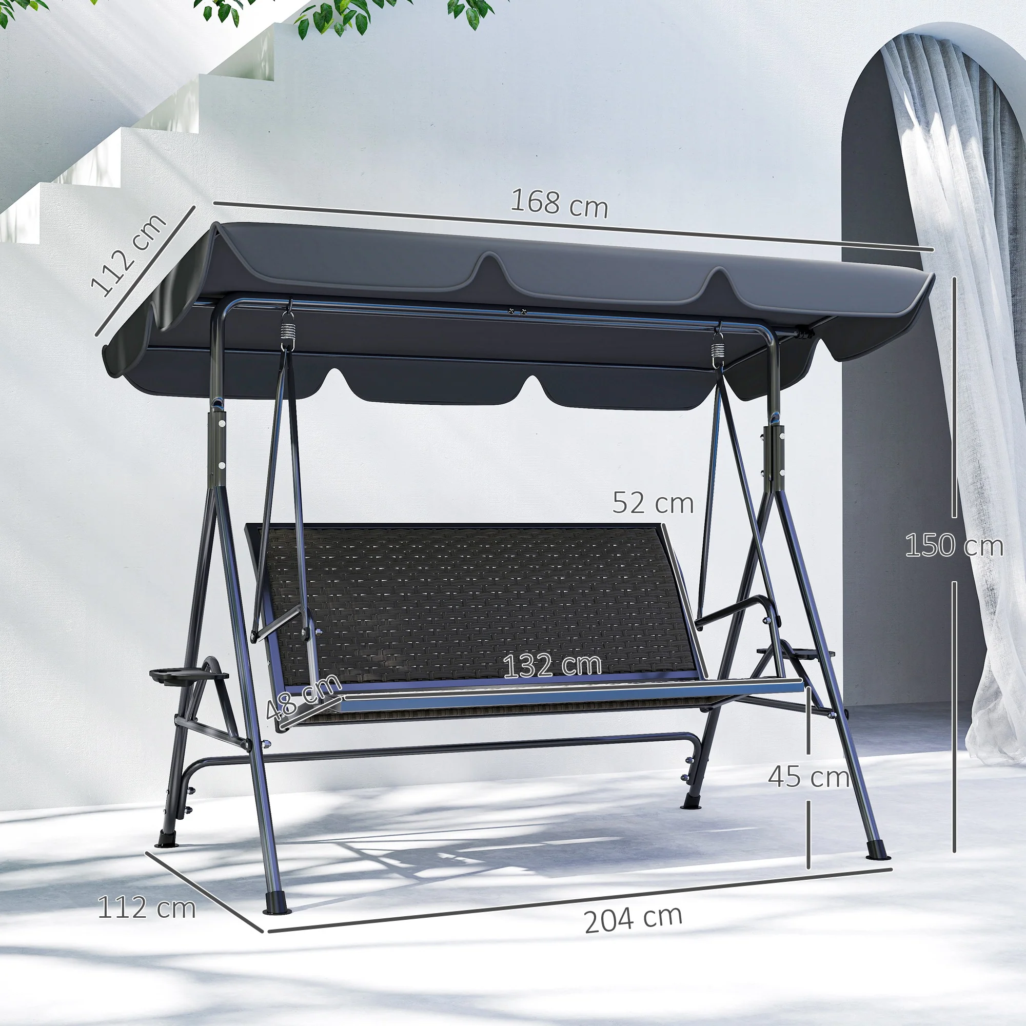 Outsunny 3 Seater Garden Swing Seat Bench w/ Adjustable Canopy, Grey - Image 5