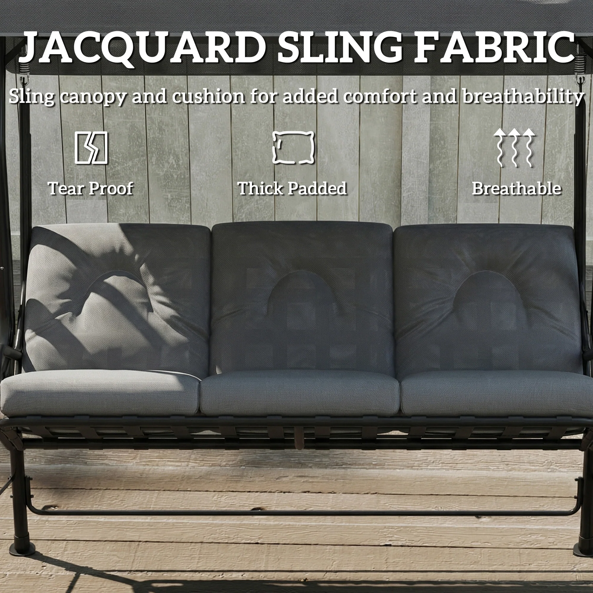 Outsunny 3-Seater Garden Swing Seat, Outdoor Swing Chair with Canopy, Grey - Image 5