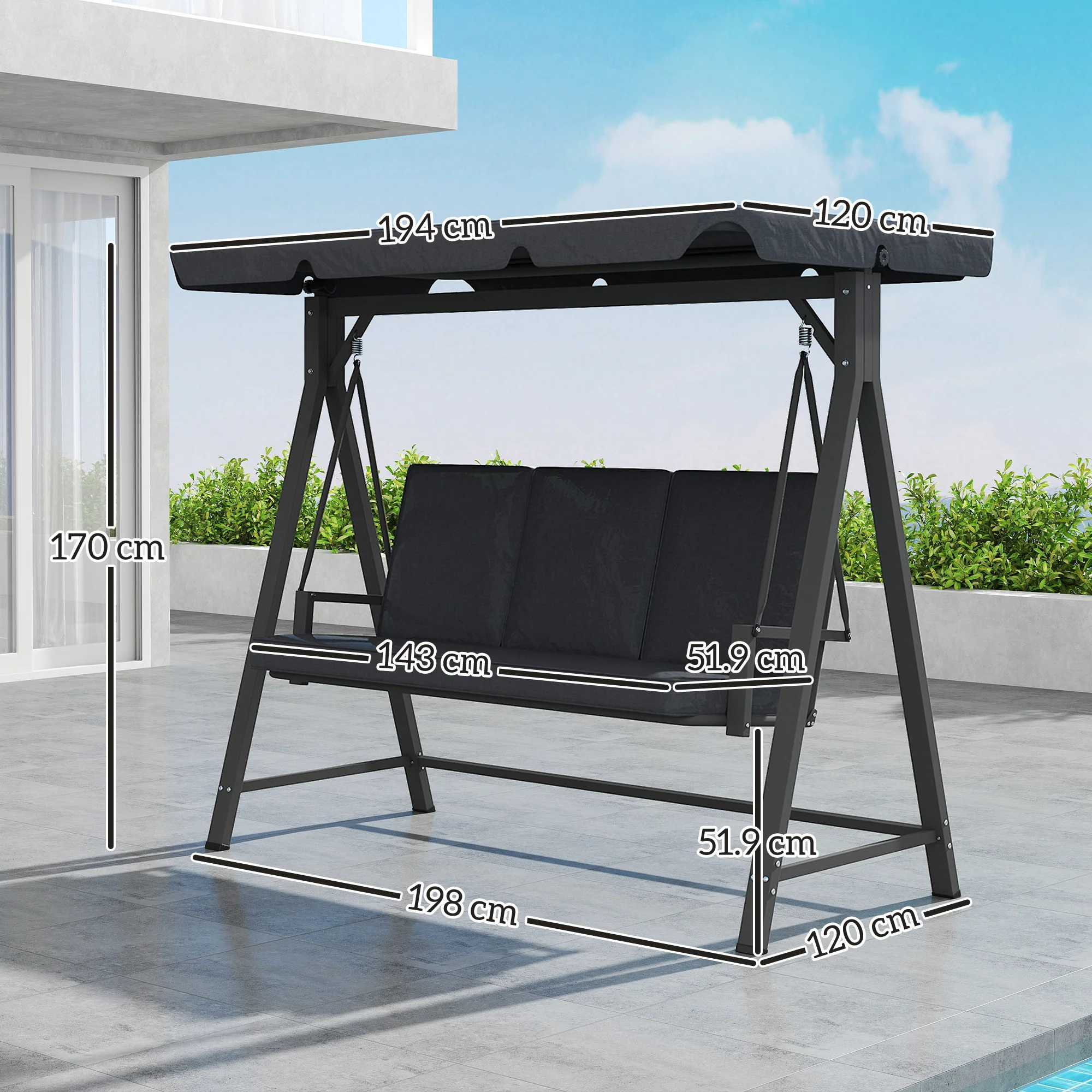 Outsunny 3 Seater Garden Swing Seat With Adjustable Canopy And Cushion - Image 14