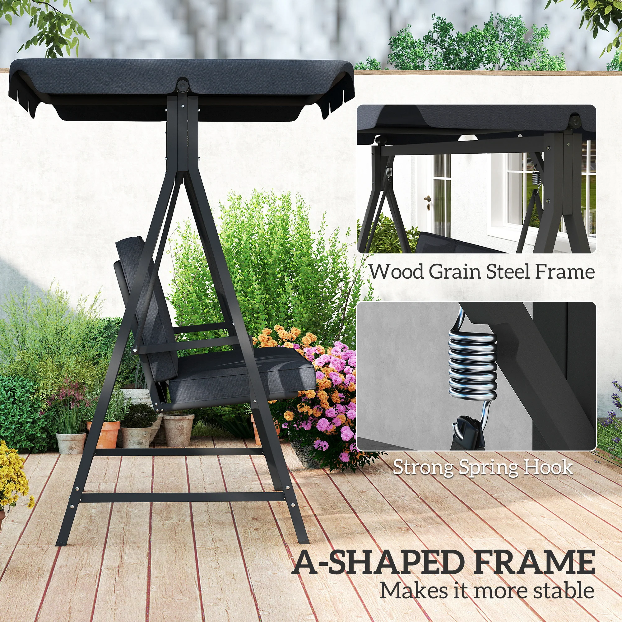 Outsunny 3 Seater Garden Swing Seat With Adjustable Canopy And Cushion - Image 15