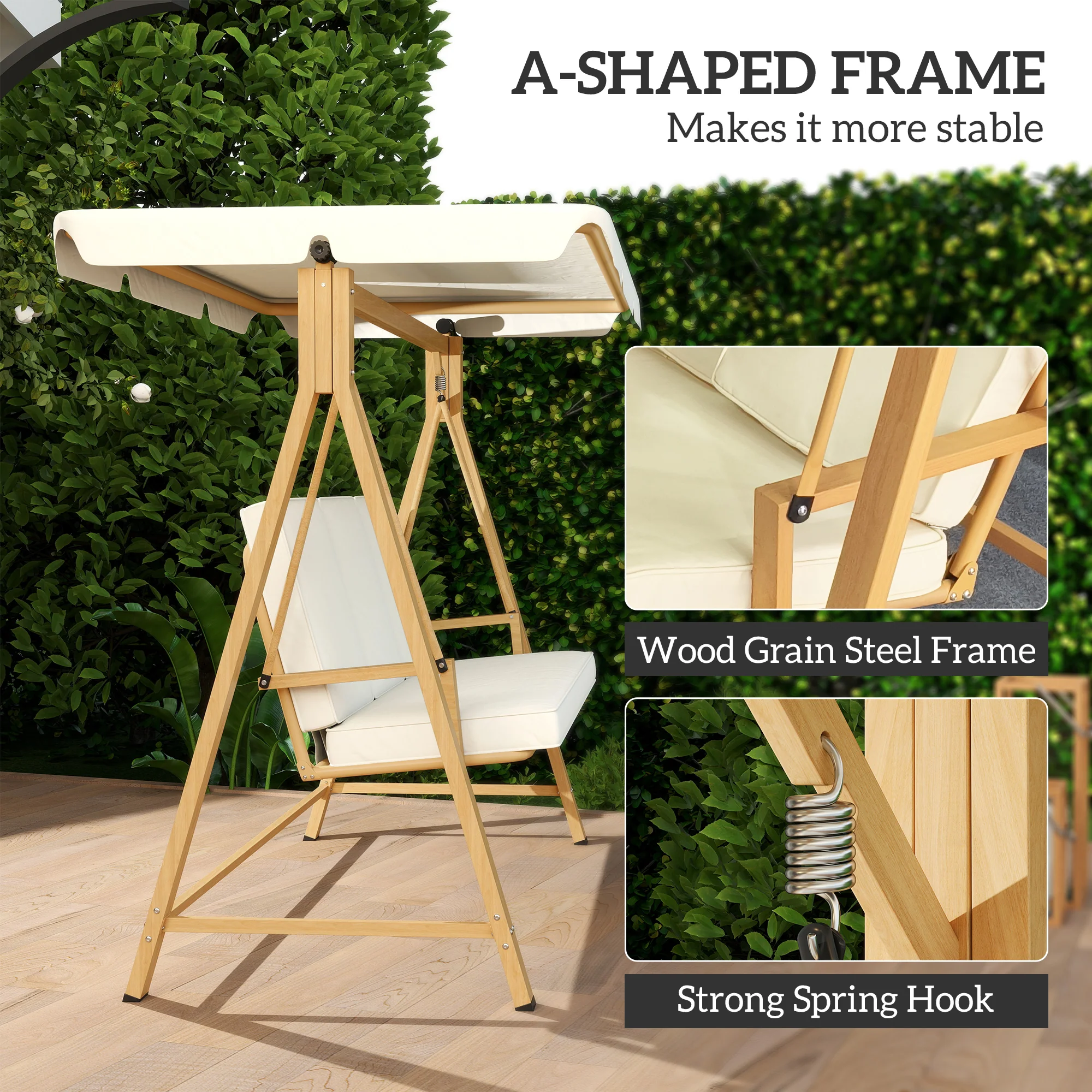 Outsunny 3 Seater Garden Swing Seat With Adjustable Canopy And Cushion - Image 6