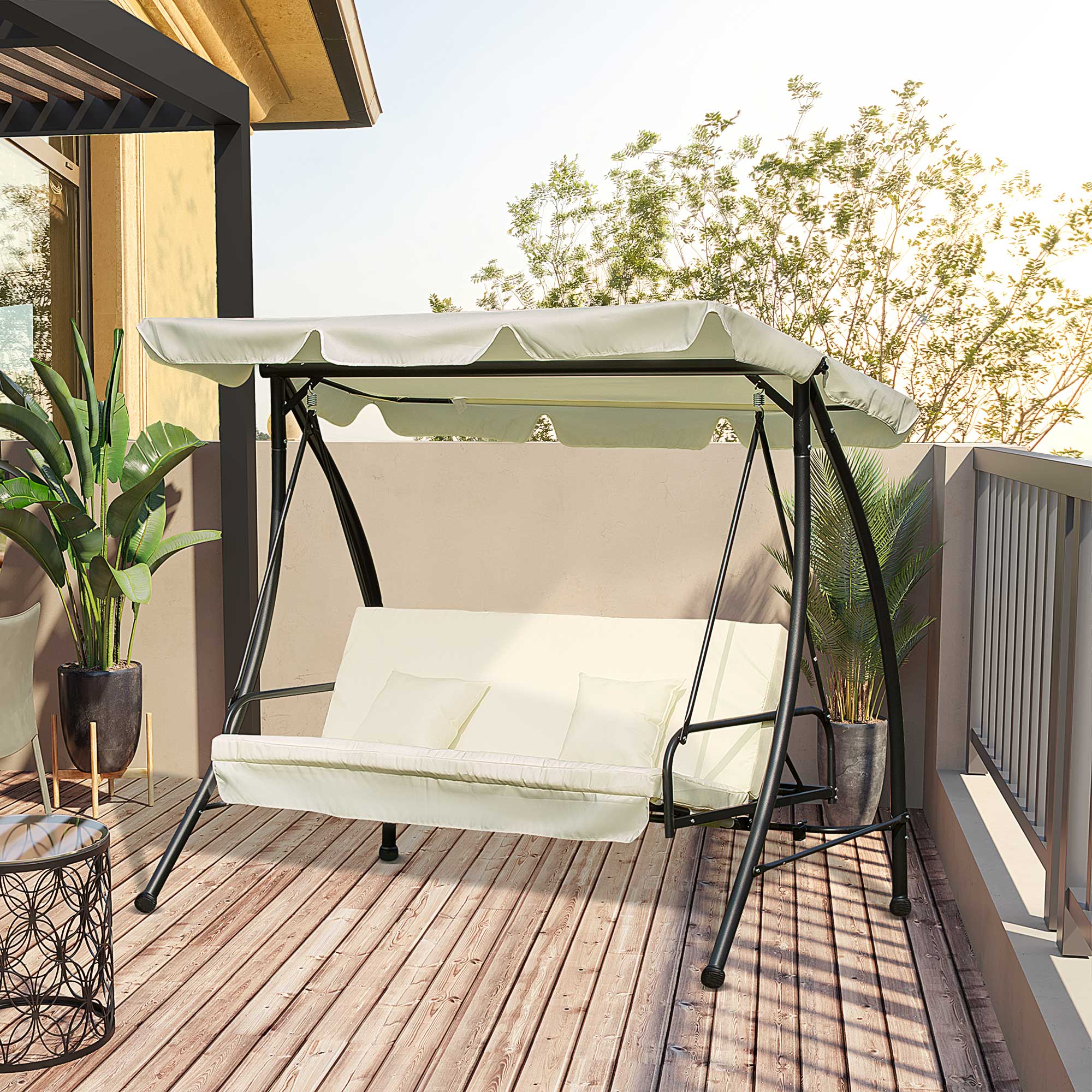 Outsunny 3 Seater Swing Chair 2-in-1 Hammock Bed Patio Garden Cushion Outdoor Canopy Convertible Lounger Porch Backyard Cream White - Image 2