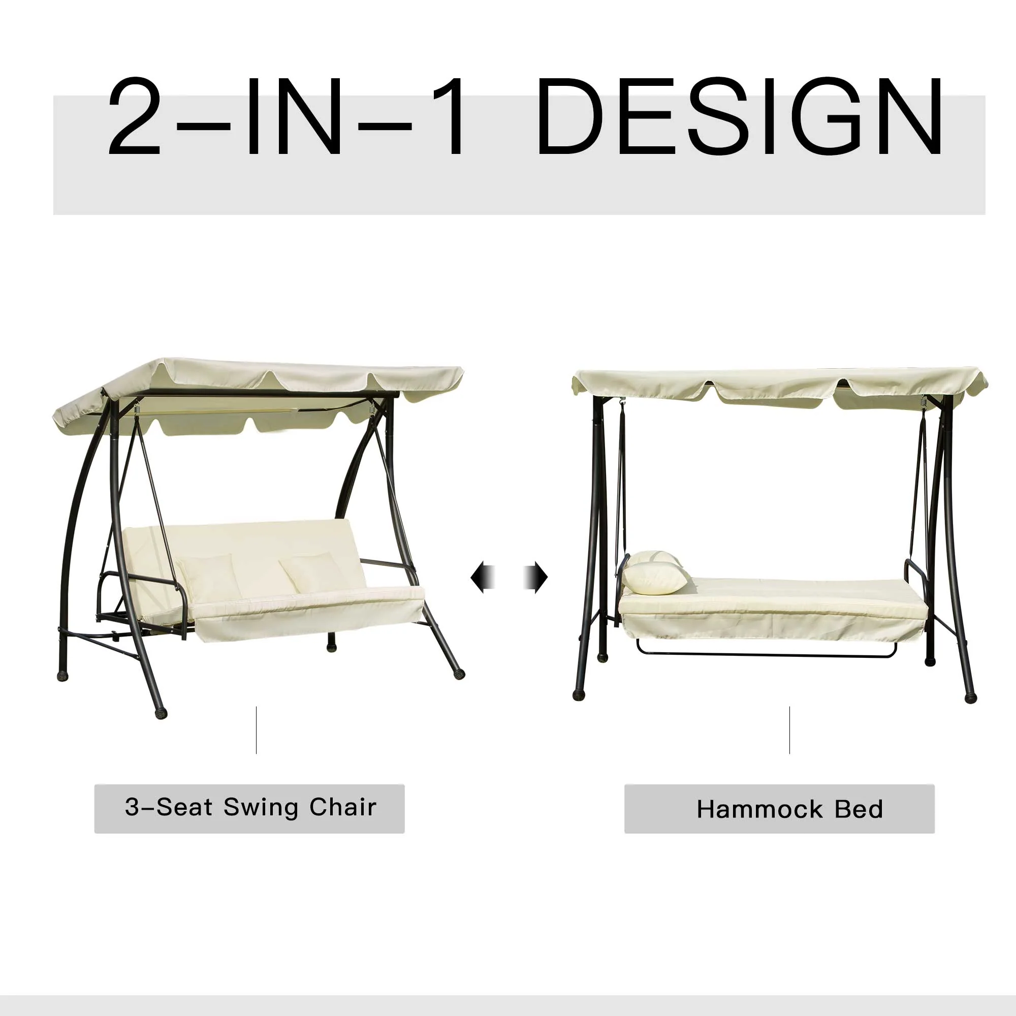 Outsunny 3 Seater Swing Chair 2-in-1 Hammock Bed Patio Garden Cushion Outdoor Canopy Convertible Lounger Porch Backyard Cream White - Image 3
