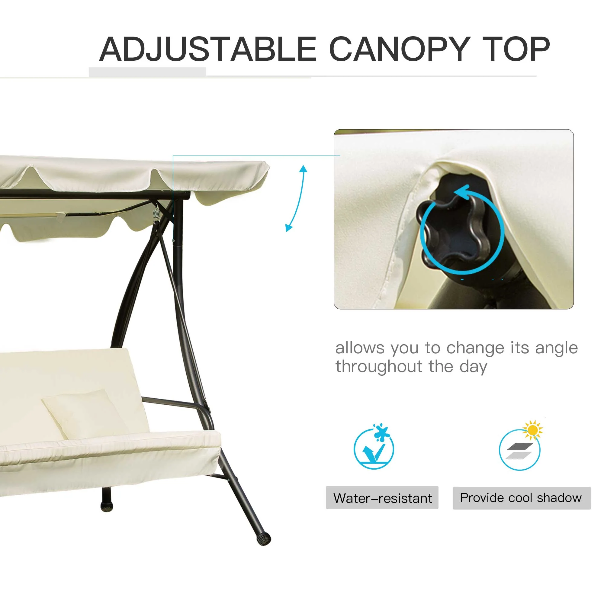 Outsunny 3 Seater Swing Chair 2-in-1 Hammock Bed Patio Garden Cushion Outdoor Canopy Convertible Lounger Porch Backyard Cream White - Image 4