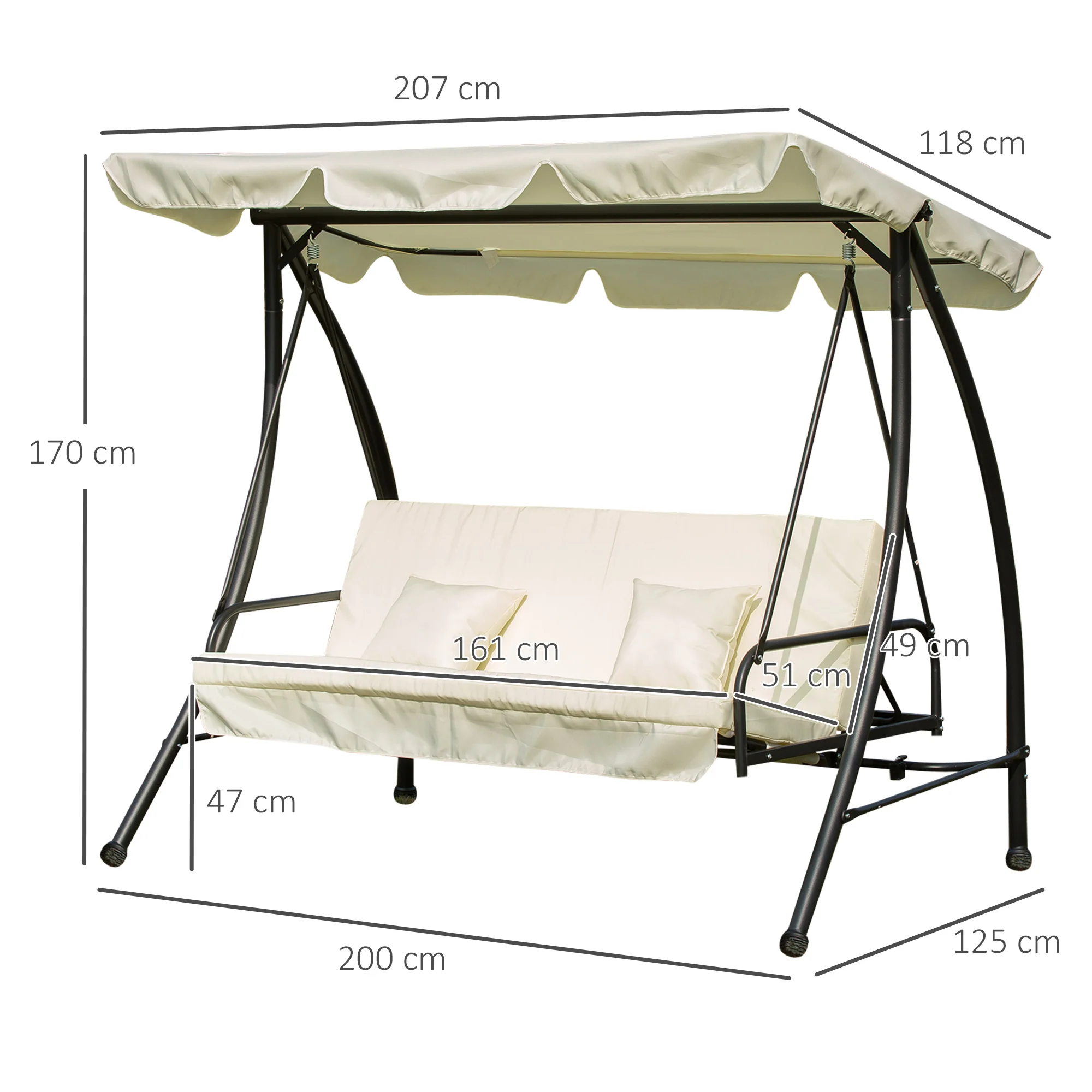 Outsunny 3 Seater Swing Chair 2-in-1 Hammock Bed Patio Garden Cushion Outdoor Canopy Convertible Lounger Porch Backyard Cream White - Image 5