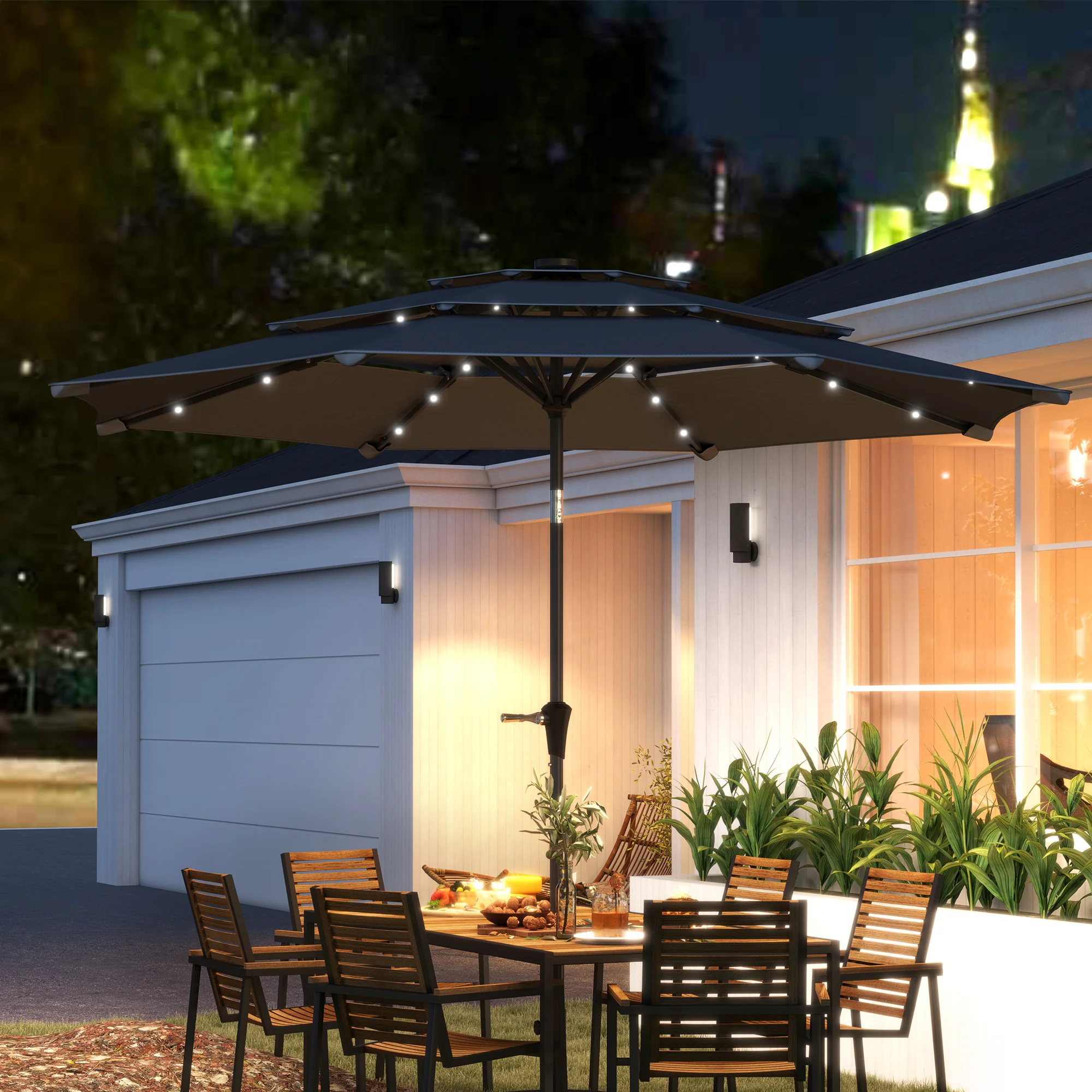 Outsunny 3-Tier Garden Parasol w/ Solar LED Lights, Tilt, Crank Handle - Image 2