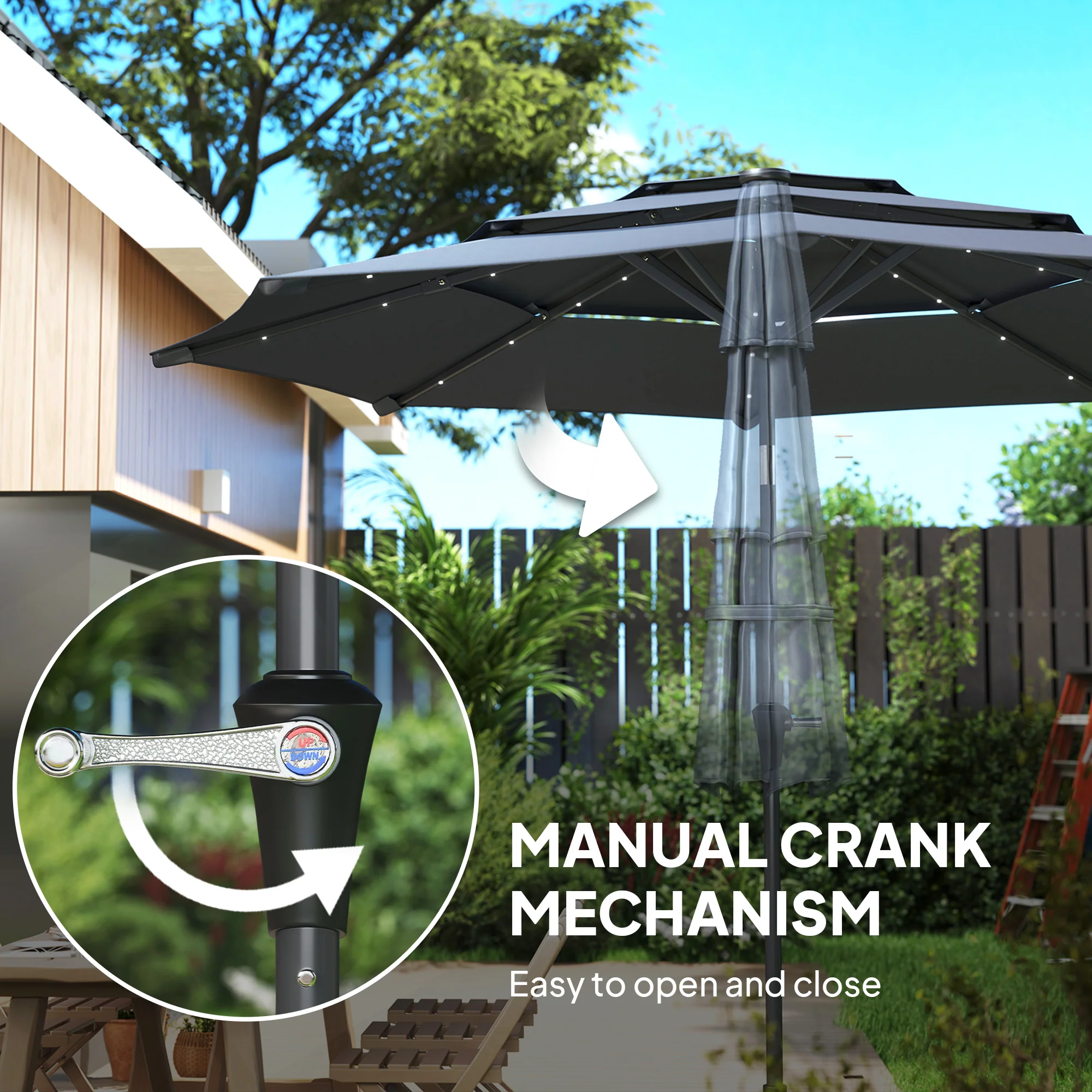Outsunny 3-Tier Garden Parasol w/ Solar LED Lights, Tilt, Crank Handle - Image 8