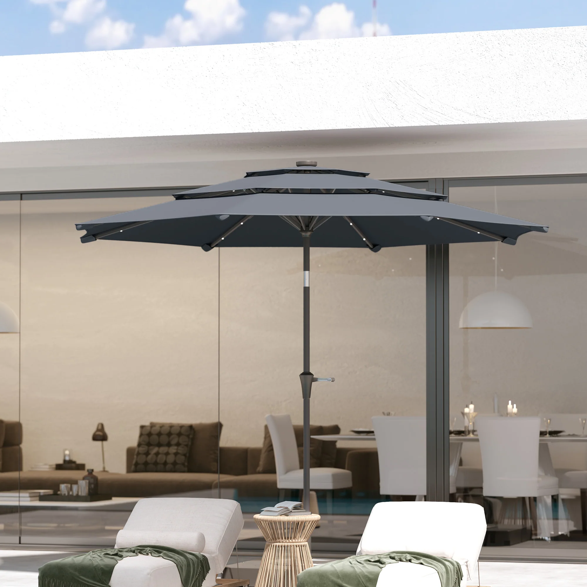 Outsunny 3-Tier Garden Parasol w/ Solar LED Lights, Tilt, Crank Handle - Image 9