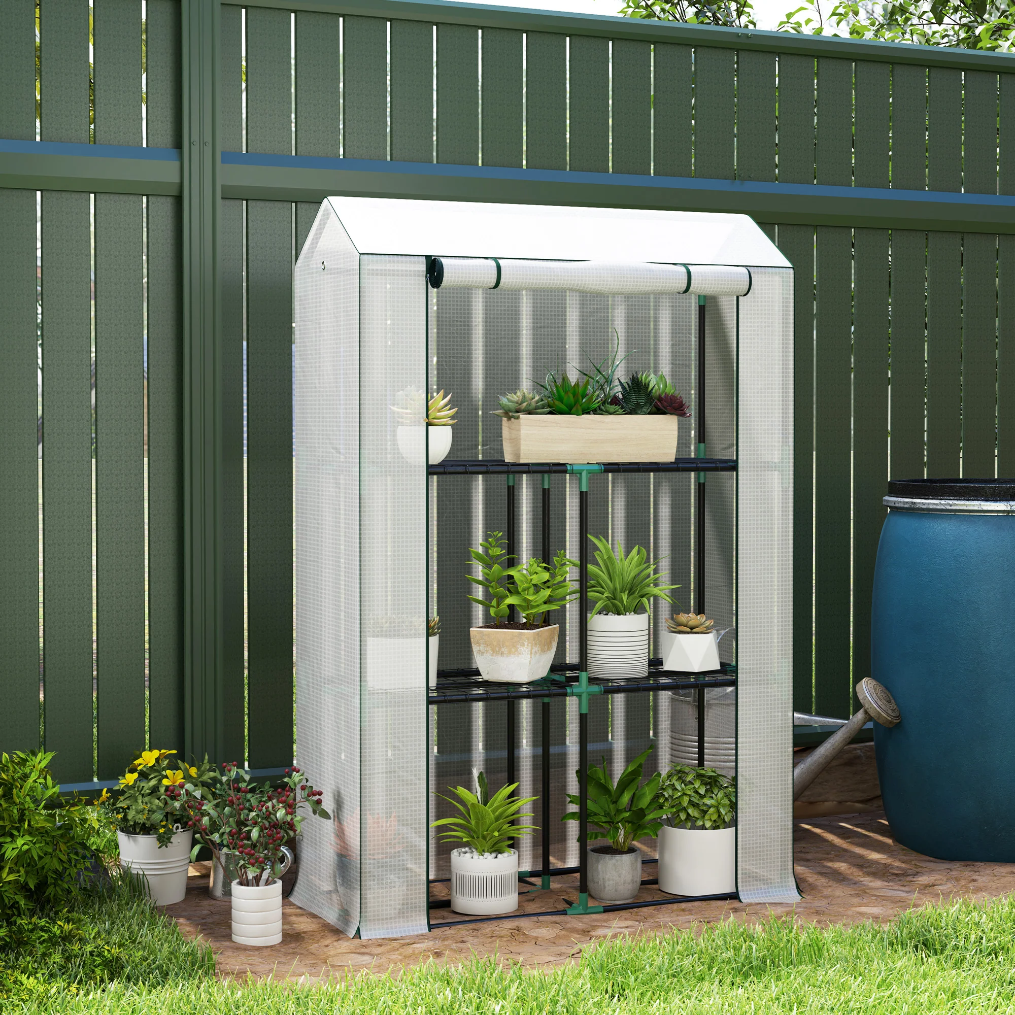 Outsunny 3 Tier Mini Greenhouse with PE Cover, Roll-Up Door, White - Image 11
