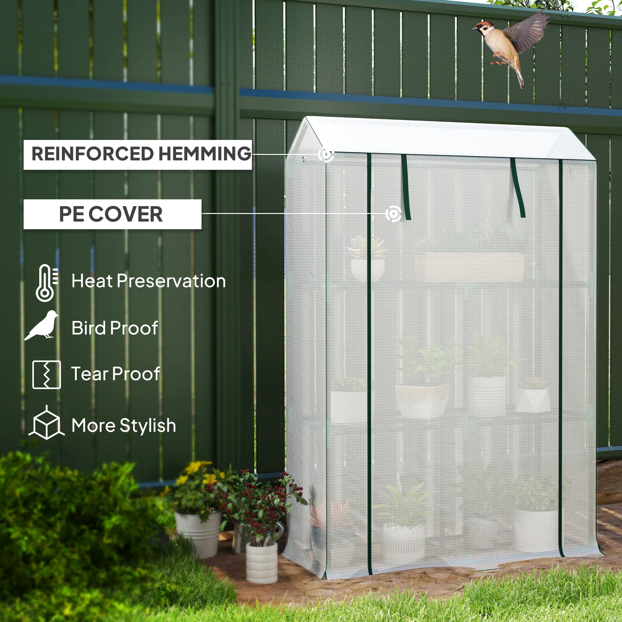 Outsunny 3 Tier Mini Greenhouse with PE Cover, Roll-Up Door, White - Image 13