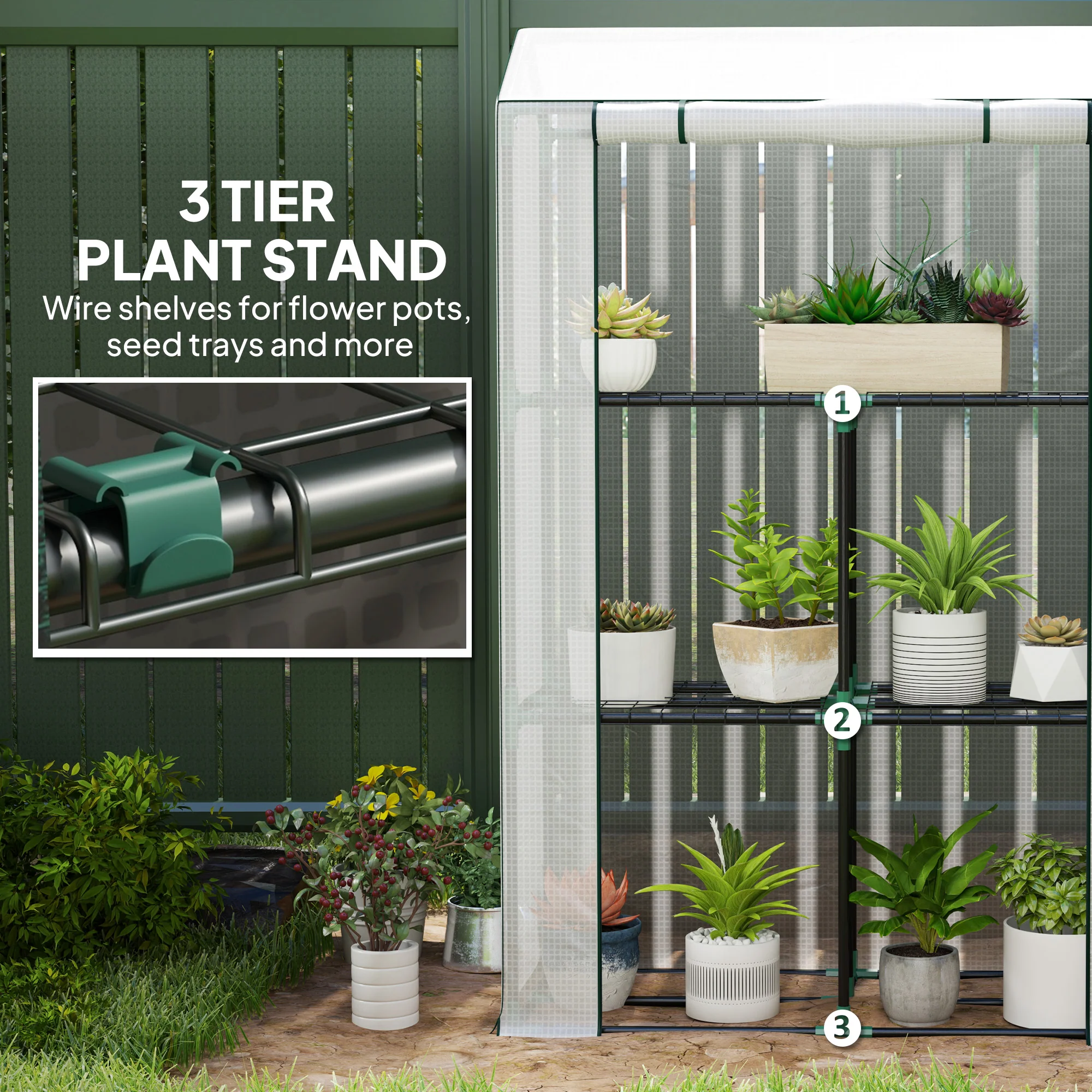 Outsunny 3 Tier Mini Greenhouse with PE Cover, Roll-Up Door, White - Image 15