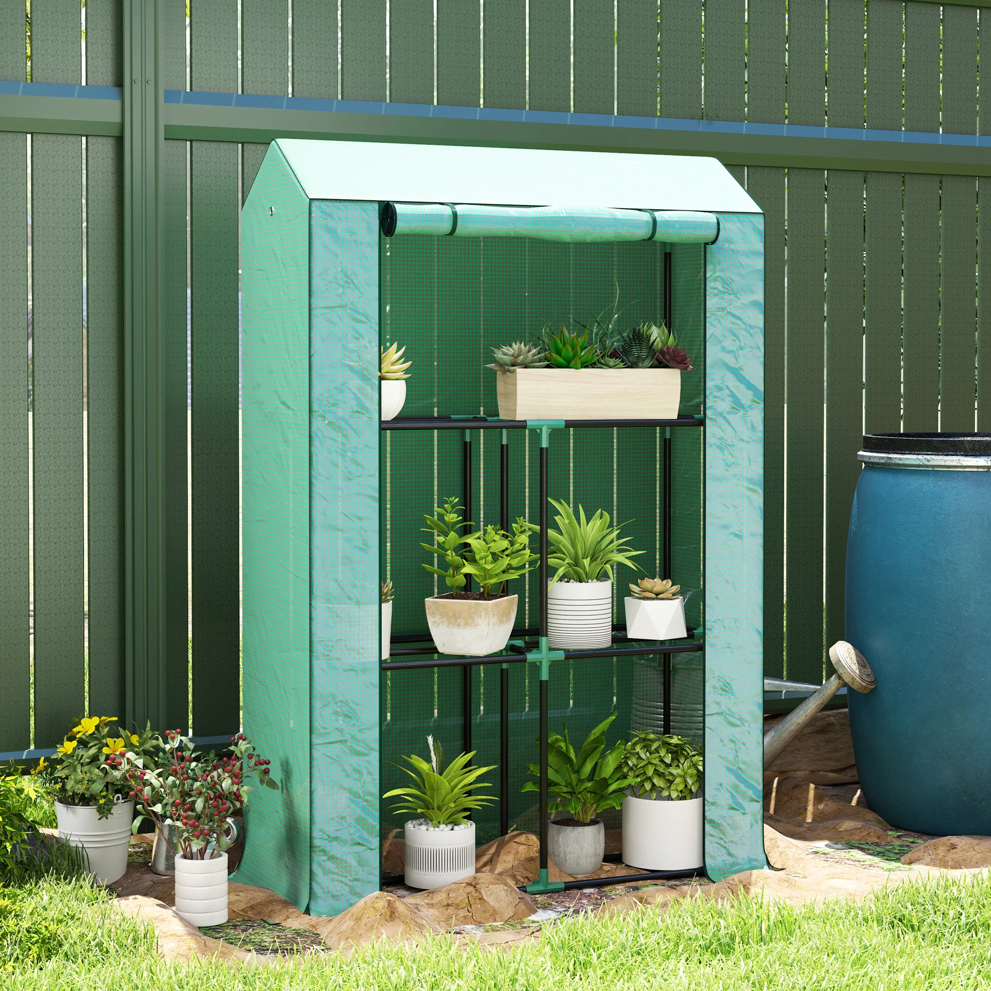 Outsunny 3 Tier Mini Greenhouse with PE Cover, Roll-Up Door, White - Image 2