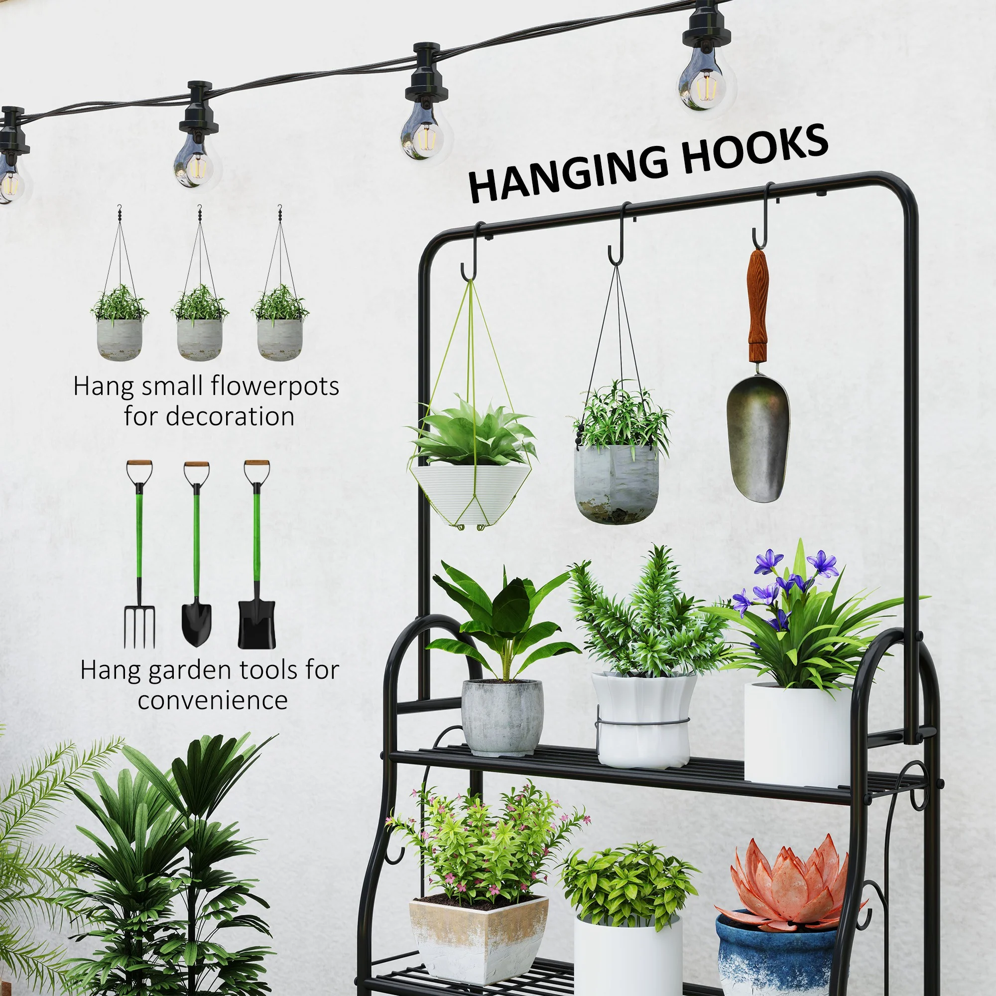 Outsunny 3 Tier Plant Stand w/ Hanging Hooks for Balcony Living Room, Black - Image 4