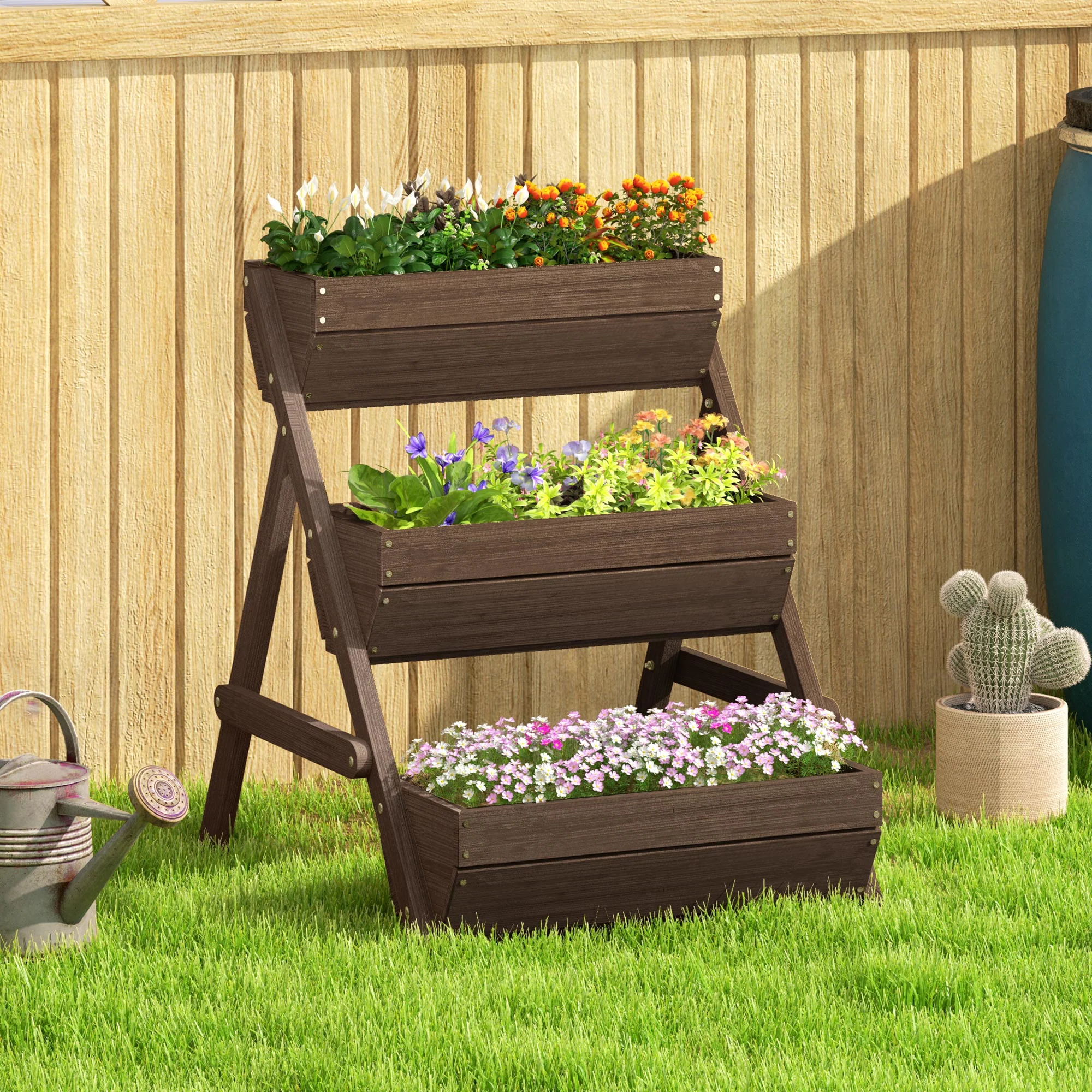 Outsunny 3 Tier Raised Garden Bed Wooden Elevated Planter Box Kit, Tan - Image 2