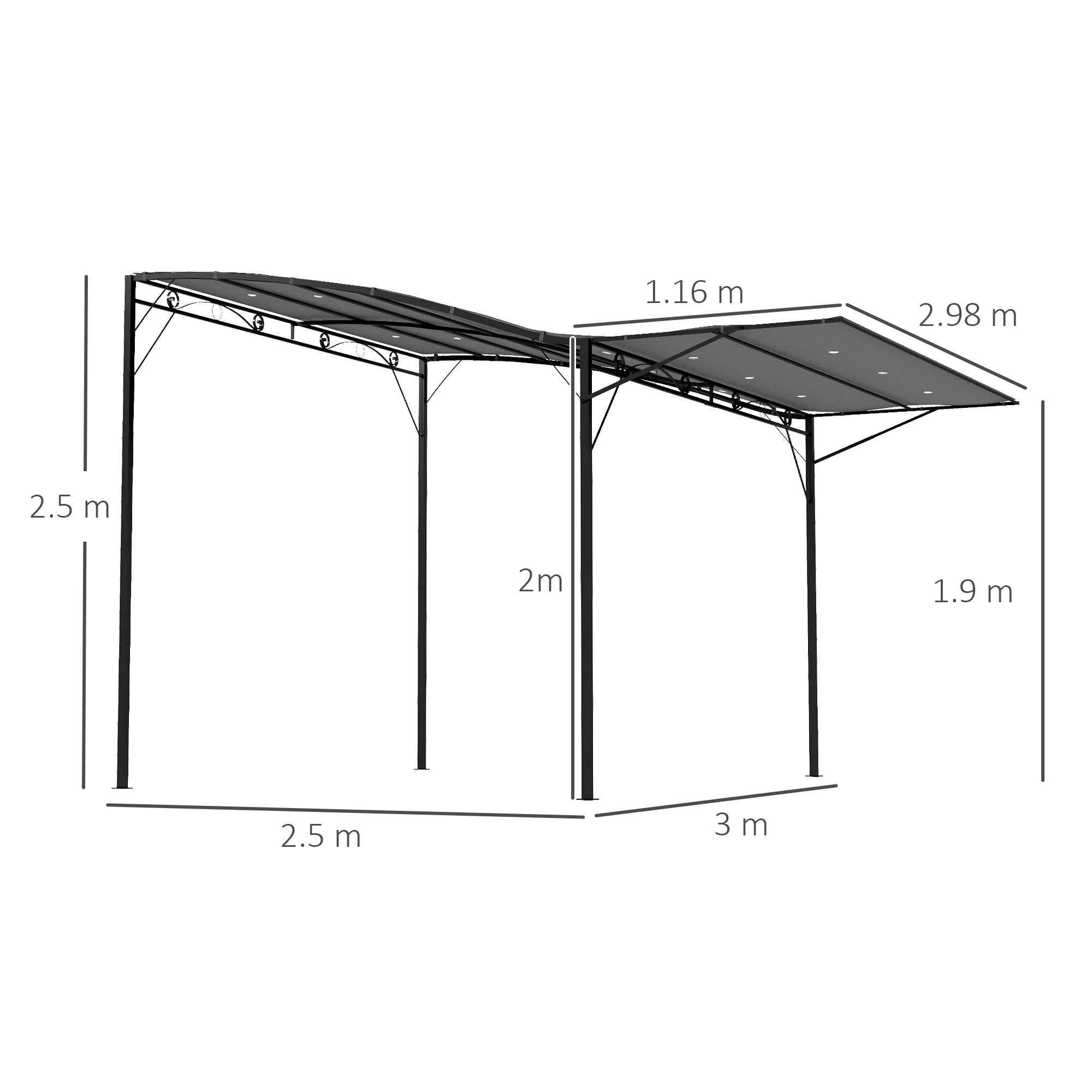 Outsunny 3 X 2.5m Patio Metal Gazebo Pergola Wall Mount Outdoor Shelter, Grey - Image 5