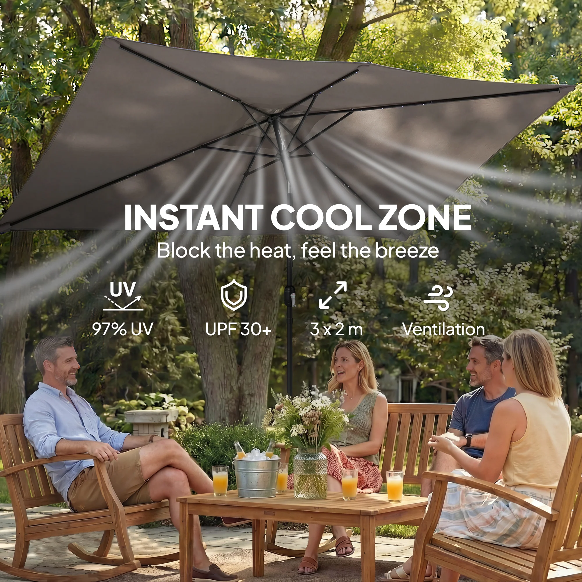 Outsunny 3 x 2 m Garden Parasol Umbrella with Light, Outdoor Patio Umbrella - Image 6