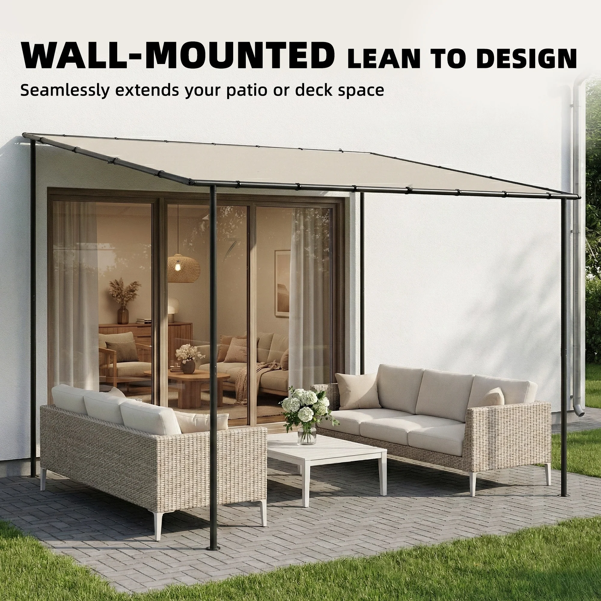Outsunny 3 x 2 m Lean to Garden Pergola, Metal Frame Gazebo Pergola, Cream - Image 3