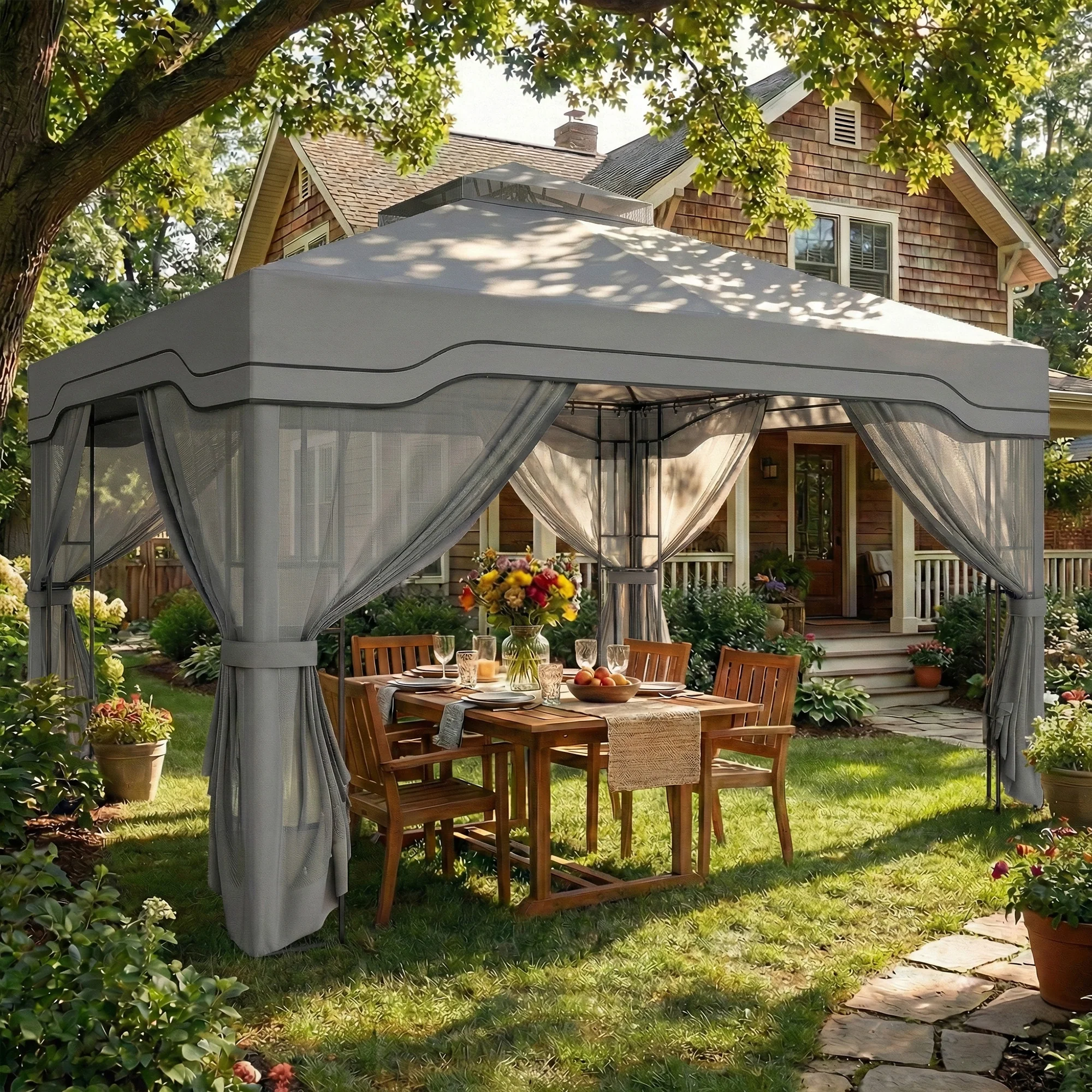 Outsunny 3 x 3.6 m Garden Gazebo with Shelves, UPF50+ Permanent Gazebo - Image 2