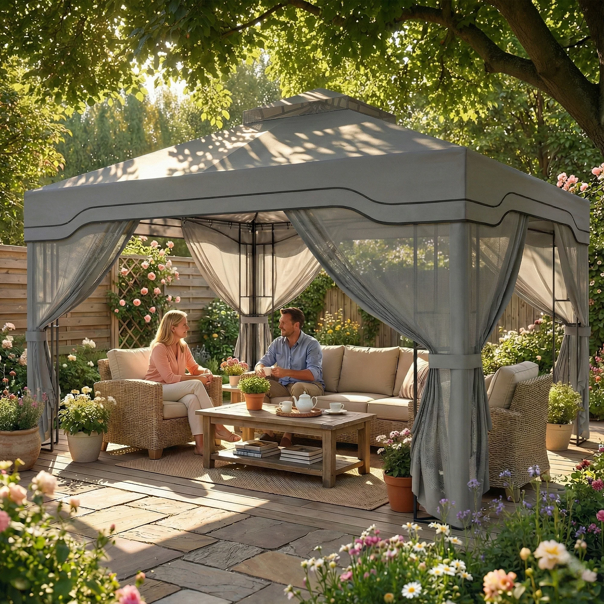 Outsunny 3 x 3.6 m Garden Gazebo with Shelves, UPF50+ Permanent Gazebo - Image 9