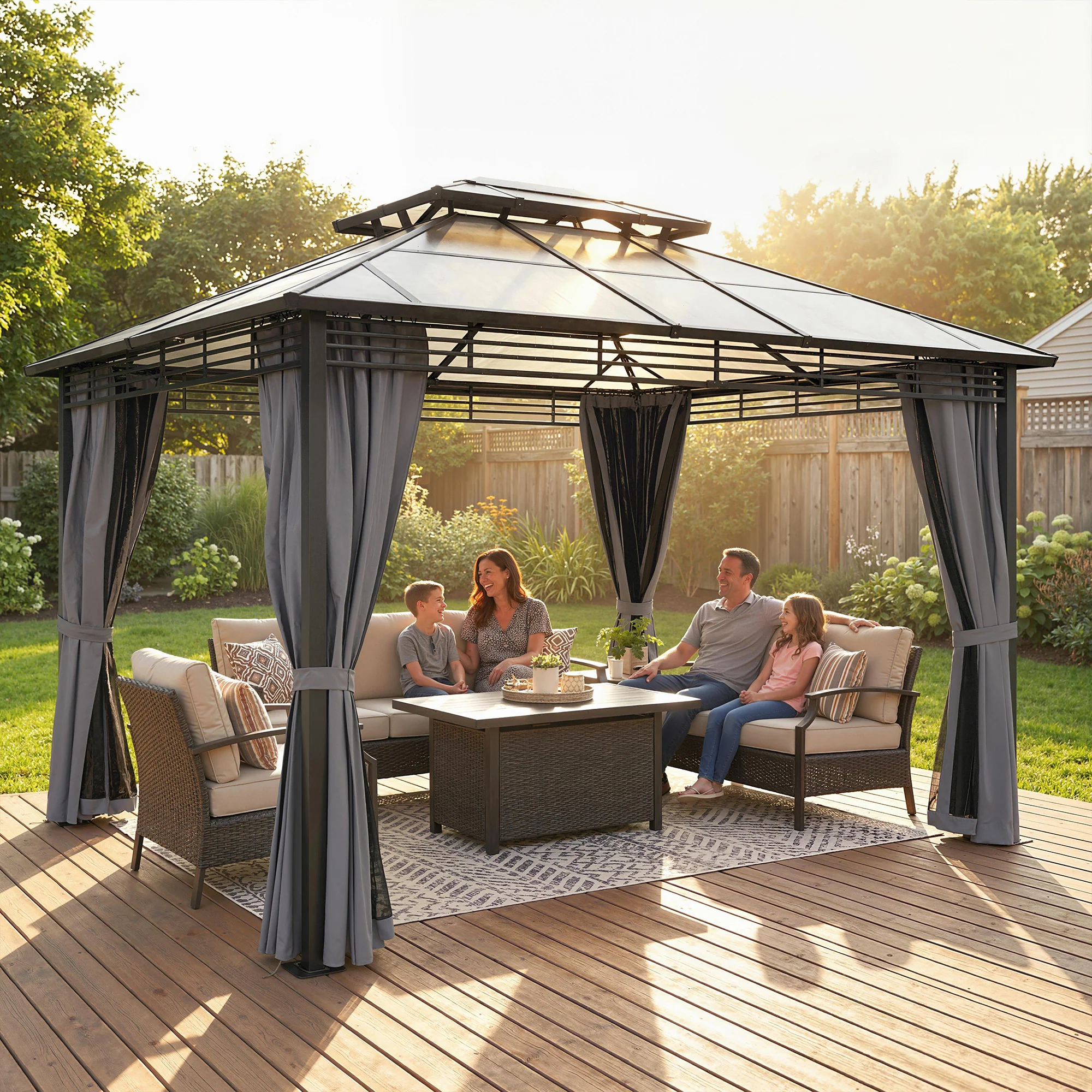 Outsunny 3 x 3.6 m Hardtop Gazebo with Sides, 2-Tier Roof Garden Gazebo - Image 2