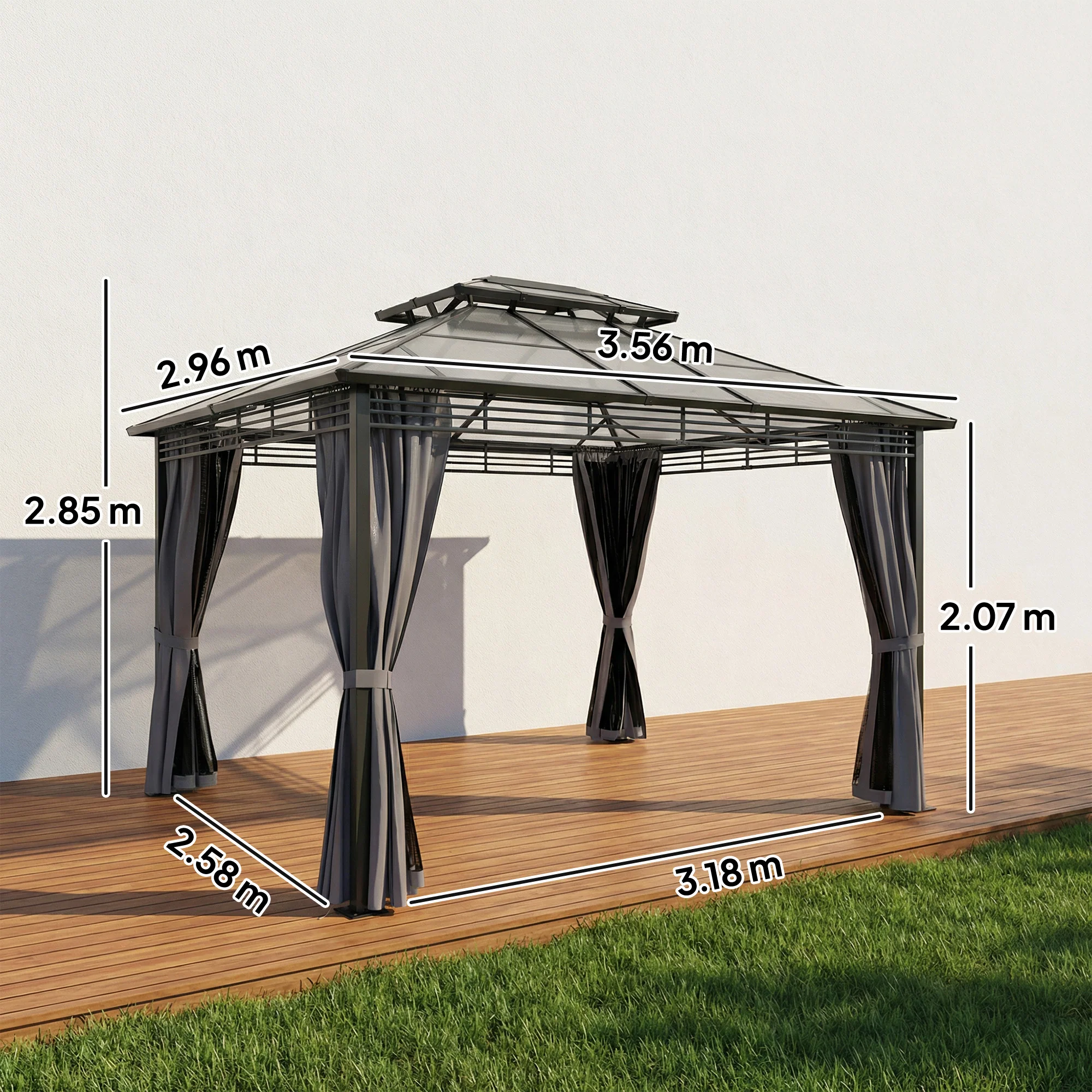 Outsunny 3 x 3.6 m Hardtop Gazebo with Sides, 2-Tier Roof Garden Gazebo - Image 3