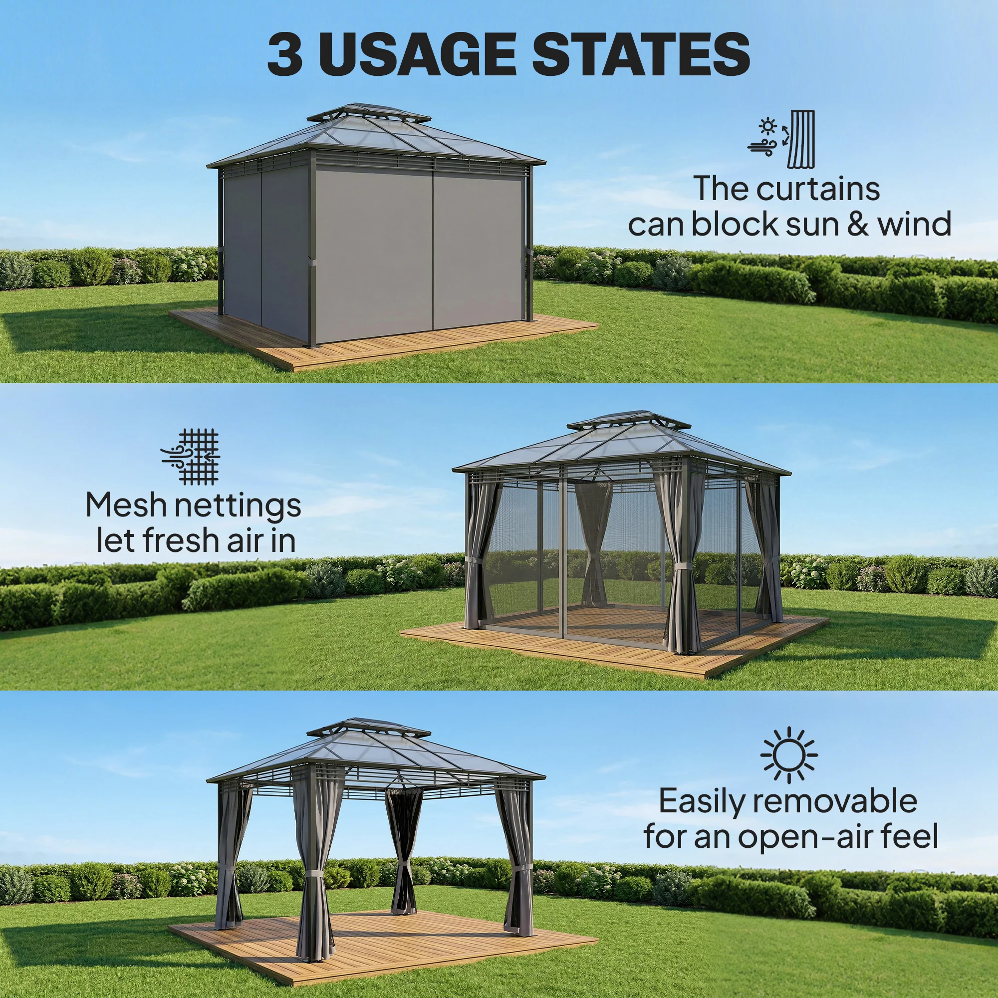 Outsunny 3 x 3.6 m Hardtop Gazebo with Sides, 2-Tier Roof Garden Gazebo - Image 5