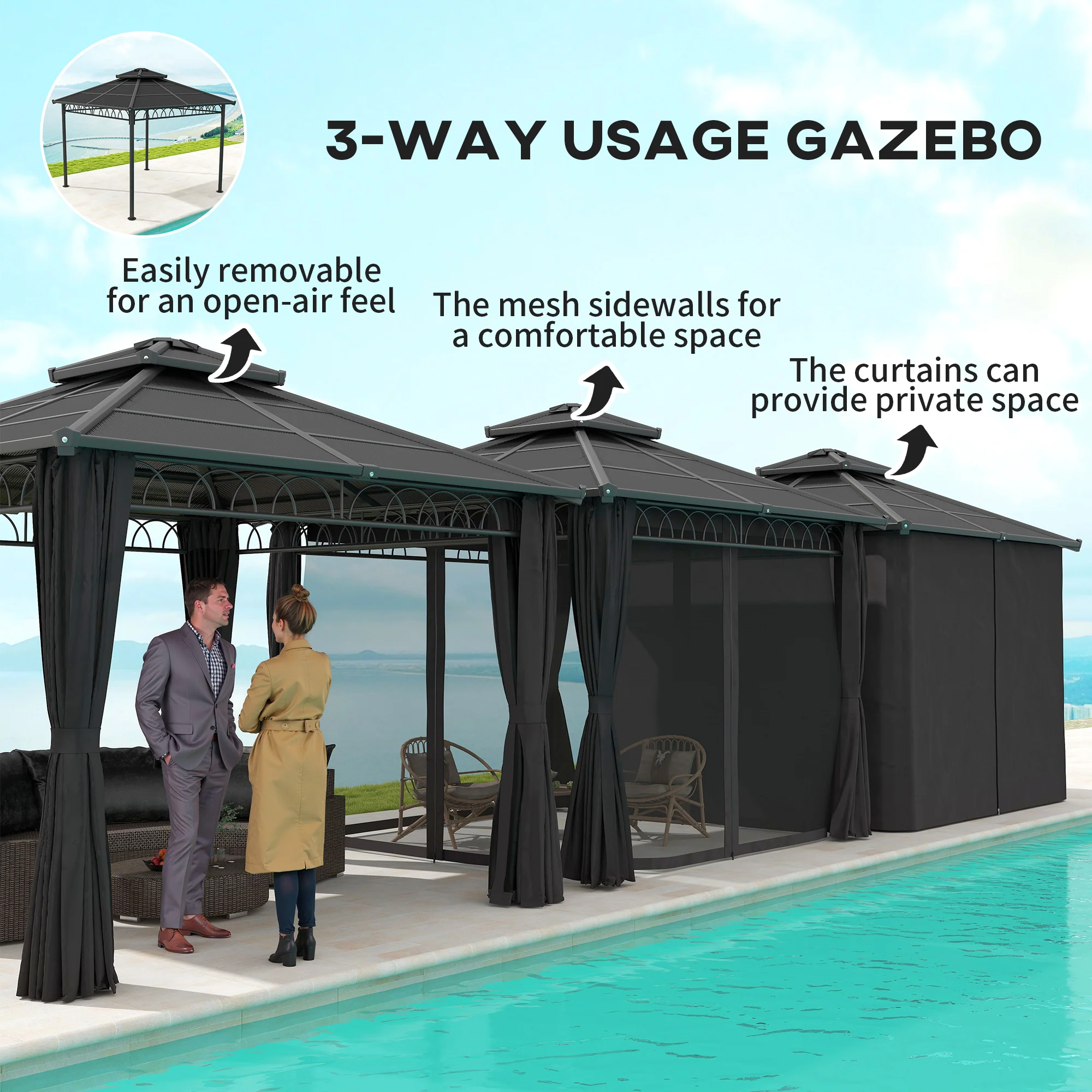 Outsunny 3 x 3 (m) Double Roof Hard Top Gazebo w/Nettings, Dark Grey - Image 4