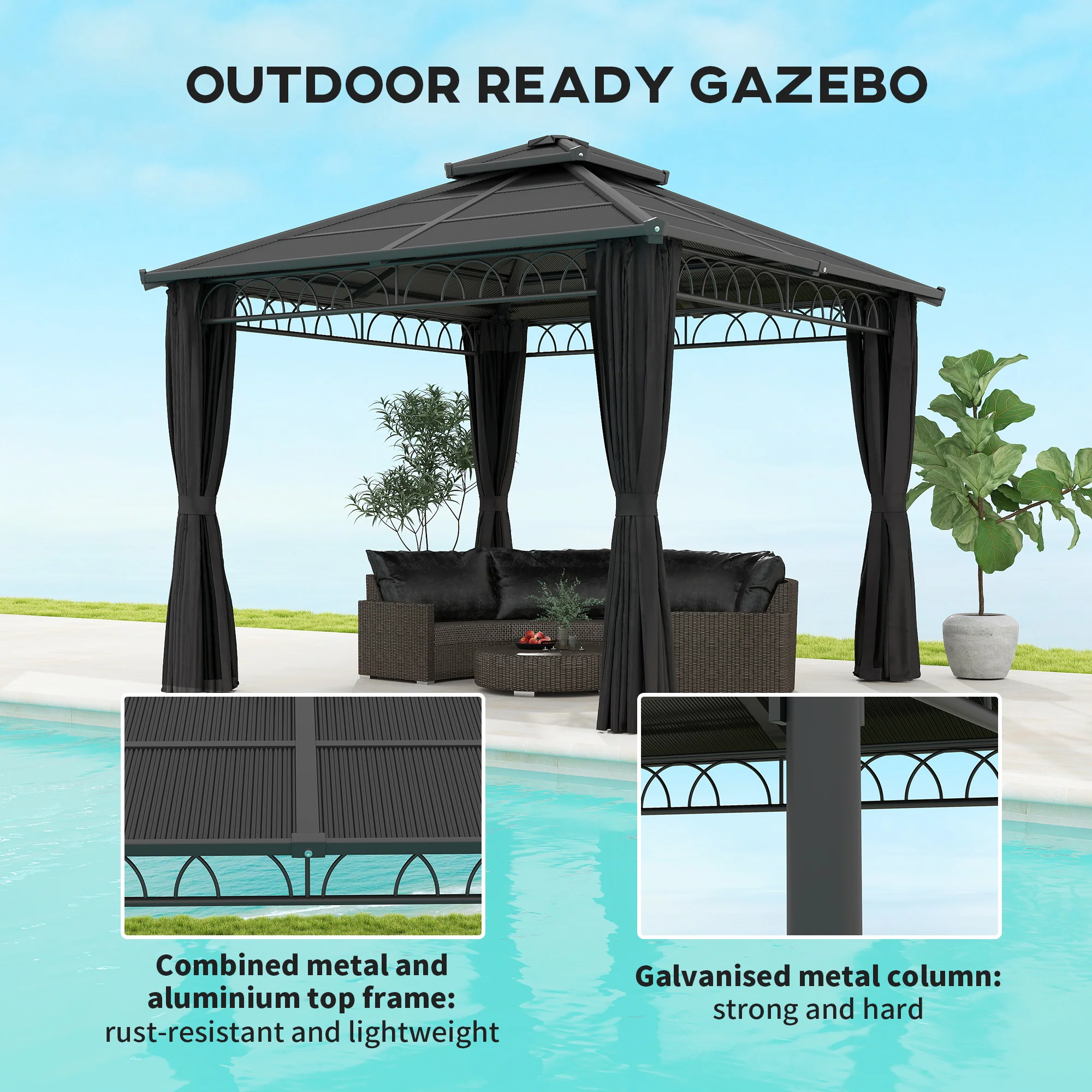Outsunny 3 x 3 (m) Double Roof Hard Top Gazebo w/Nettings, Dark Grey - Image 6