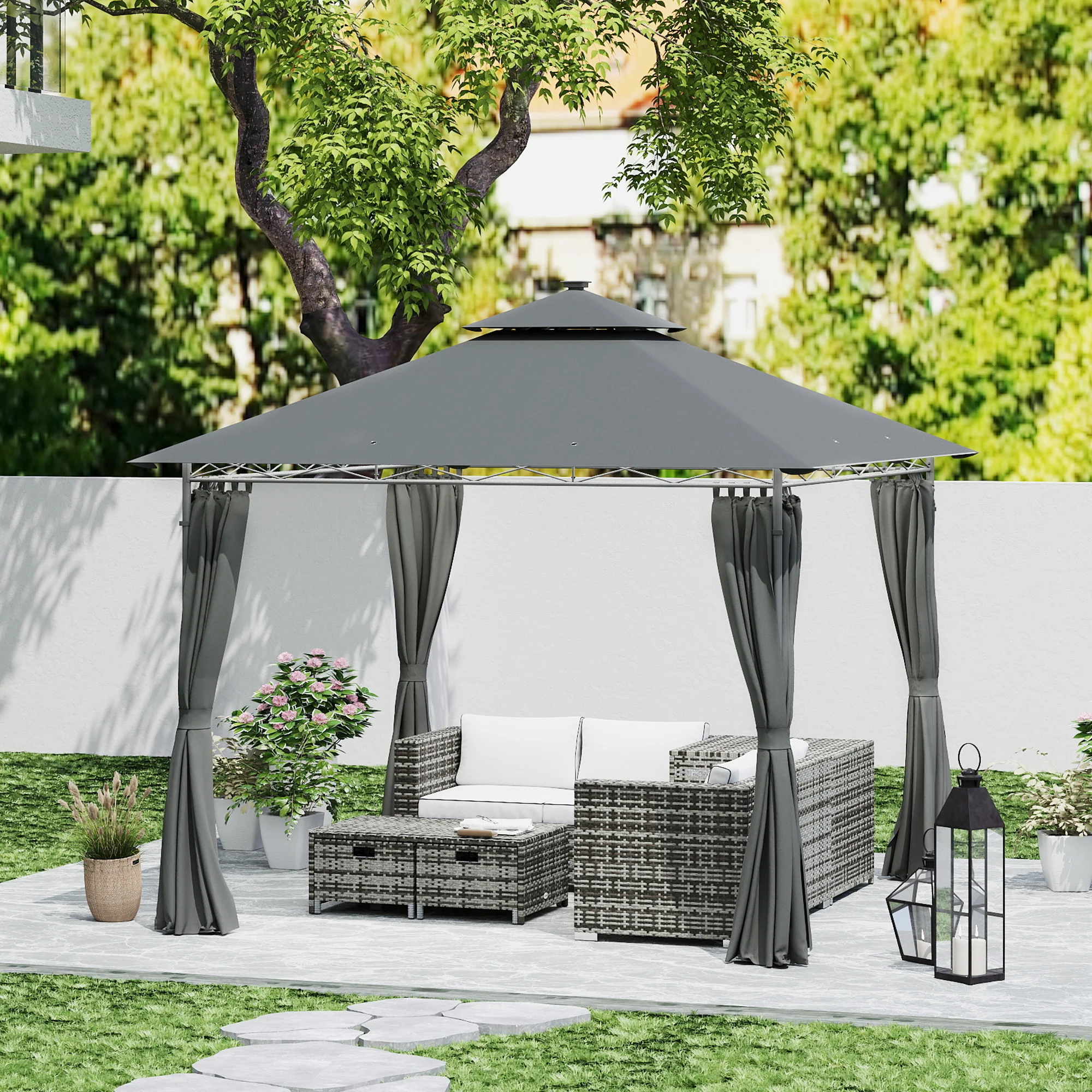 Outsunny 3 x 3 m Double Roof Outdoor Gazebo with Curtains, Dark Grey - Image 26