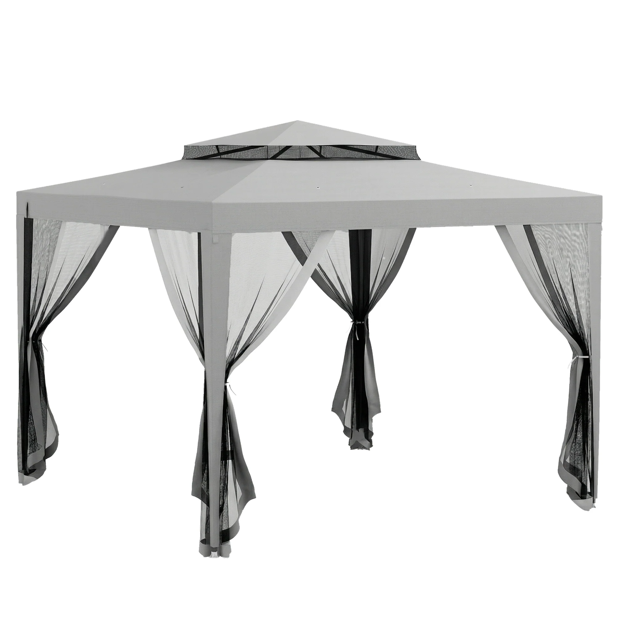 Outsunny 3 x 3 m Gazebo, Netting Party Tent w/ Double Tier Roof, Light Grey