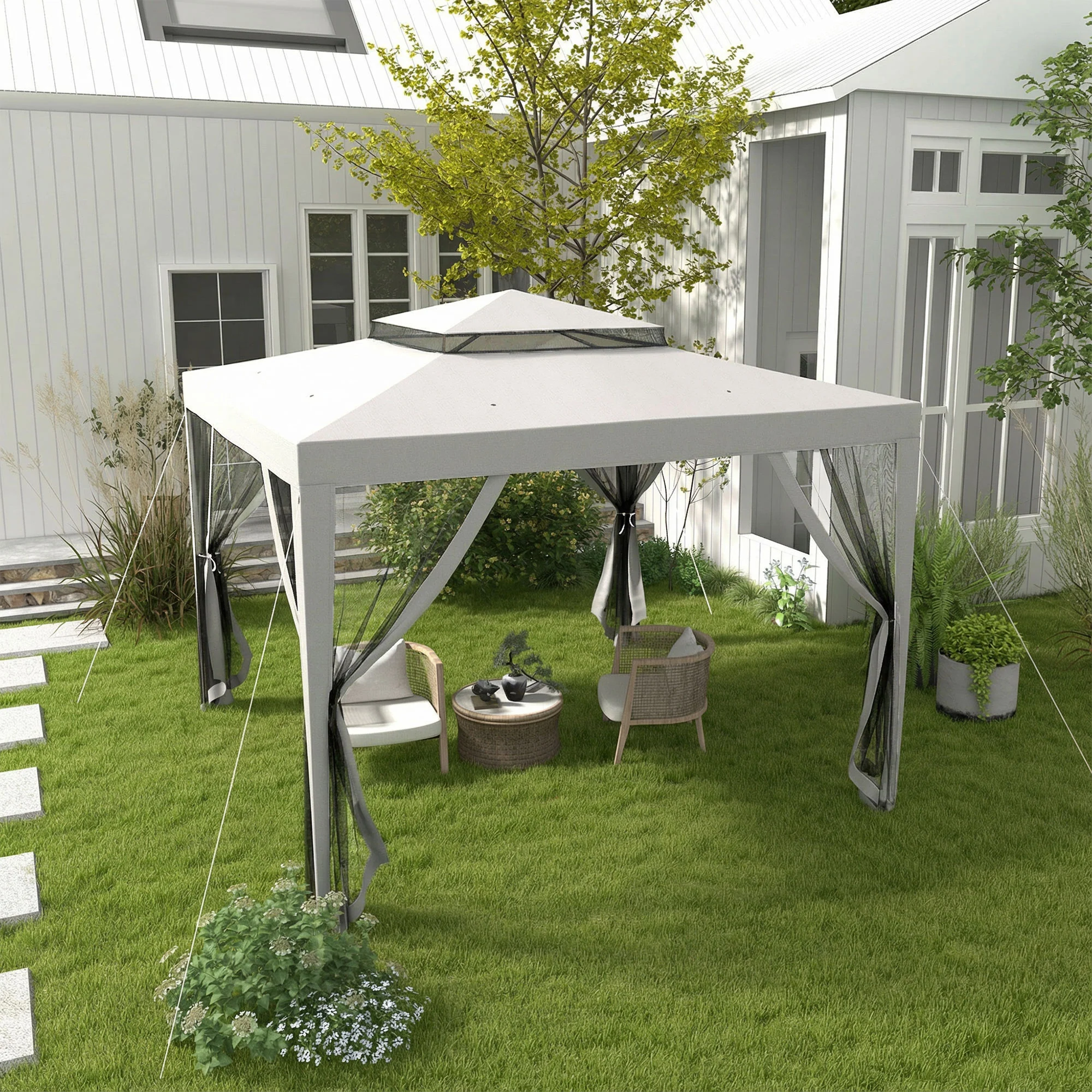 Outsunny 3 x 3 m Gazebo, Netting Party Tent w/ Double Tier Roof, Light Grey - Image 2
