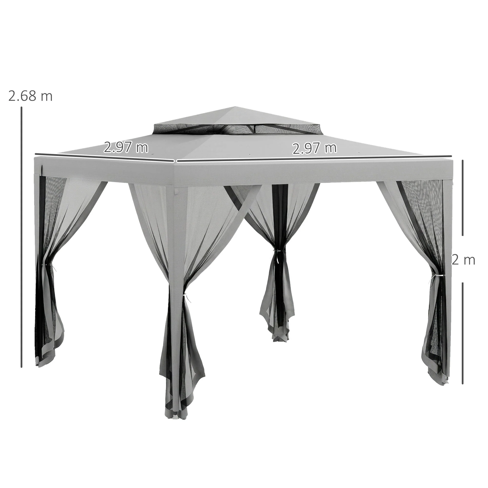 Outsunny 3 x 3 m Gazebo, Netting Party Tent w/ Double Tier Roof, Light Grey - Image 3
