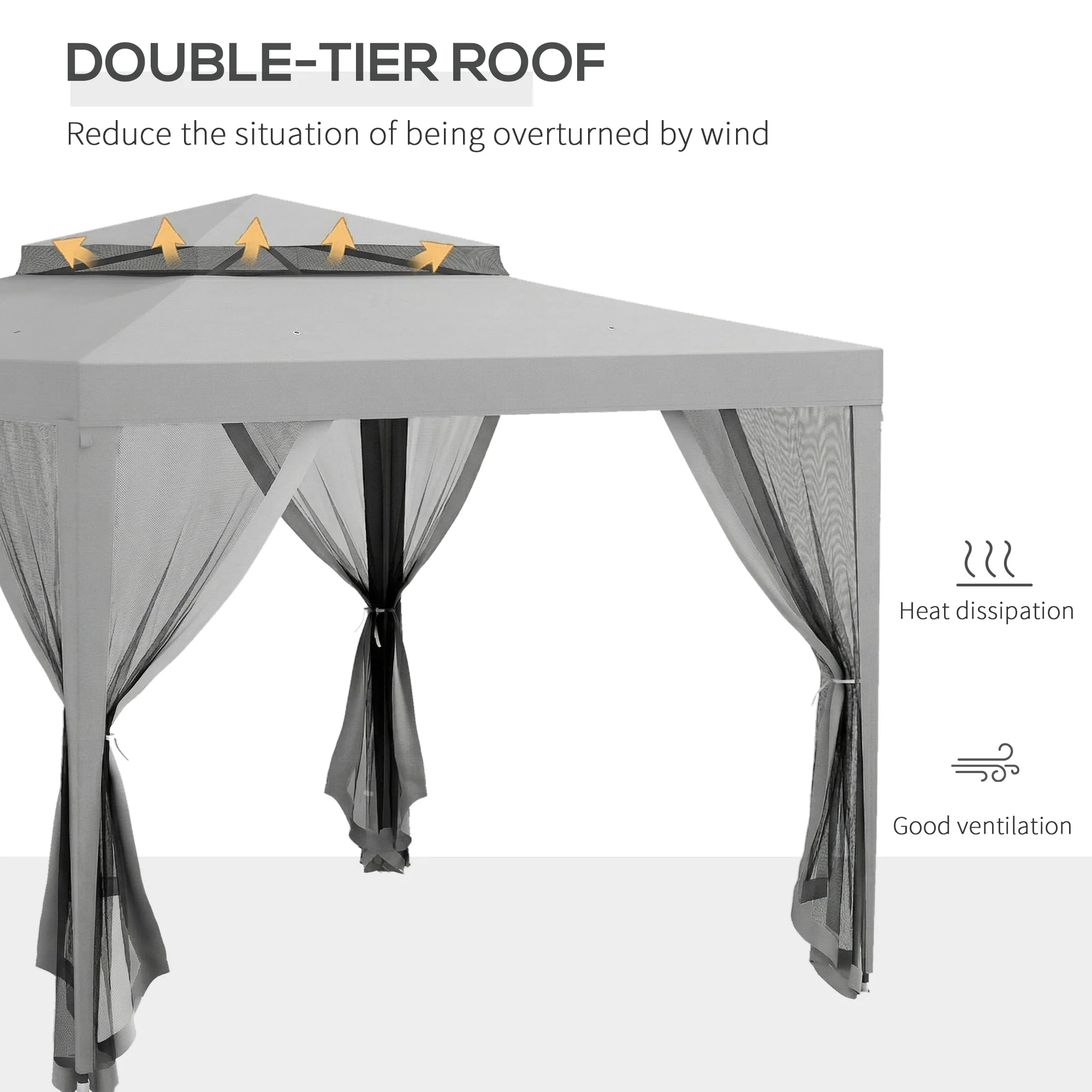 Outsunny 3 x 3 m Gazebo, Netting Party Tent w/ Double Tier Roof, Light Grey - Image 4
