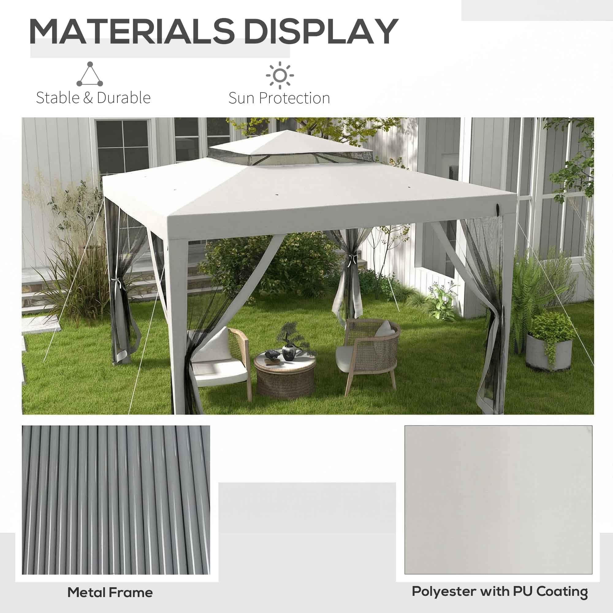 Outsunny 3 x 3 m Gazebo, Netting Party Tent w/ Double Tier Roof, Light Grey - Image 5
