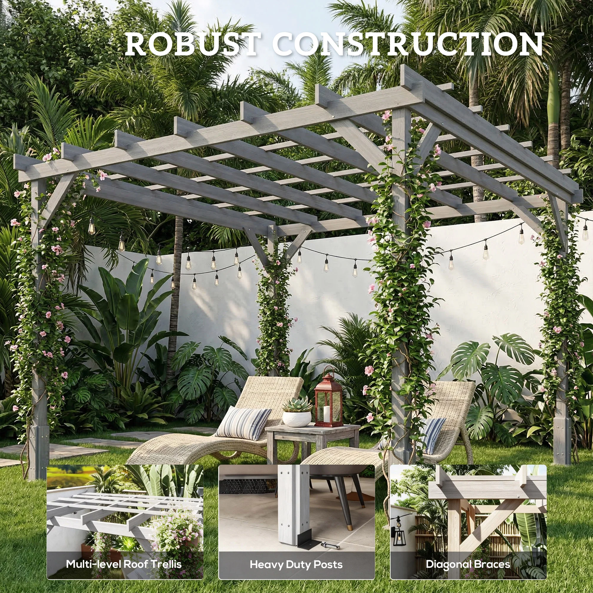 Outsunny 3 x 3 m Wooden Pergola Kit, Garden Gazebo Shelter, Grey - Image 6