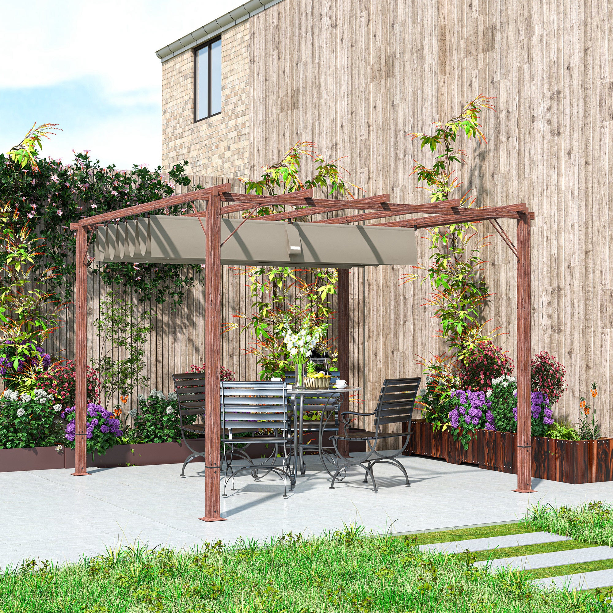 Outsunny 3 X 3(m) Aluminium Garden Pergola With Retractable Roof, Natural - Image 17