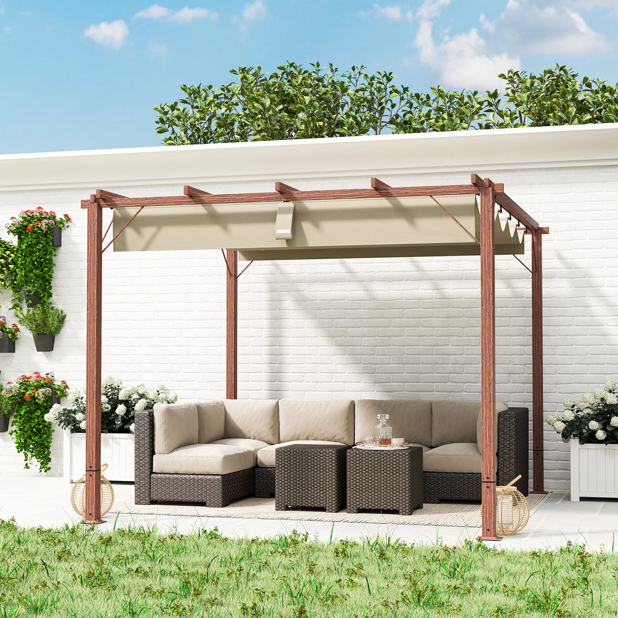 Outsunny 3 X 3(m) Aluminium Garden Pergola With Retractable Roof, Natural - Image 18