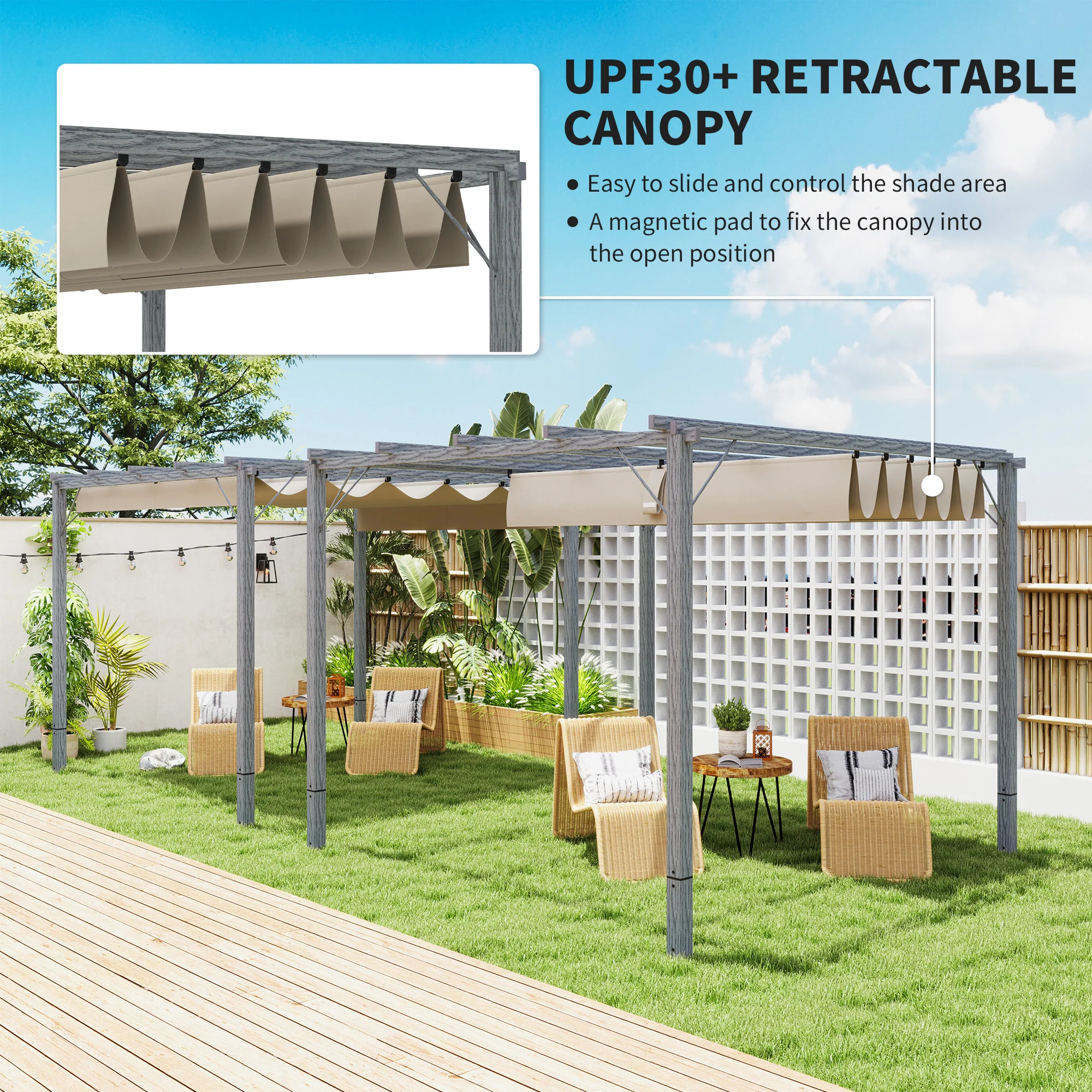 Outsunny 3 X 3(m) Aluminium Garden Pergola With Retractable Roof, Natural - Image 3