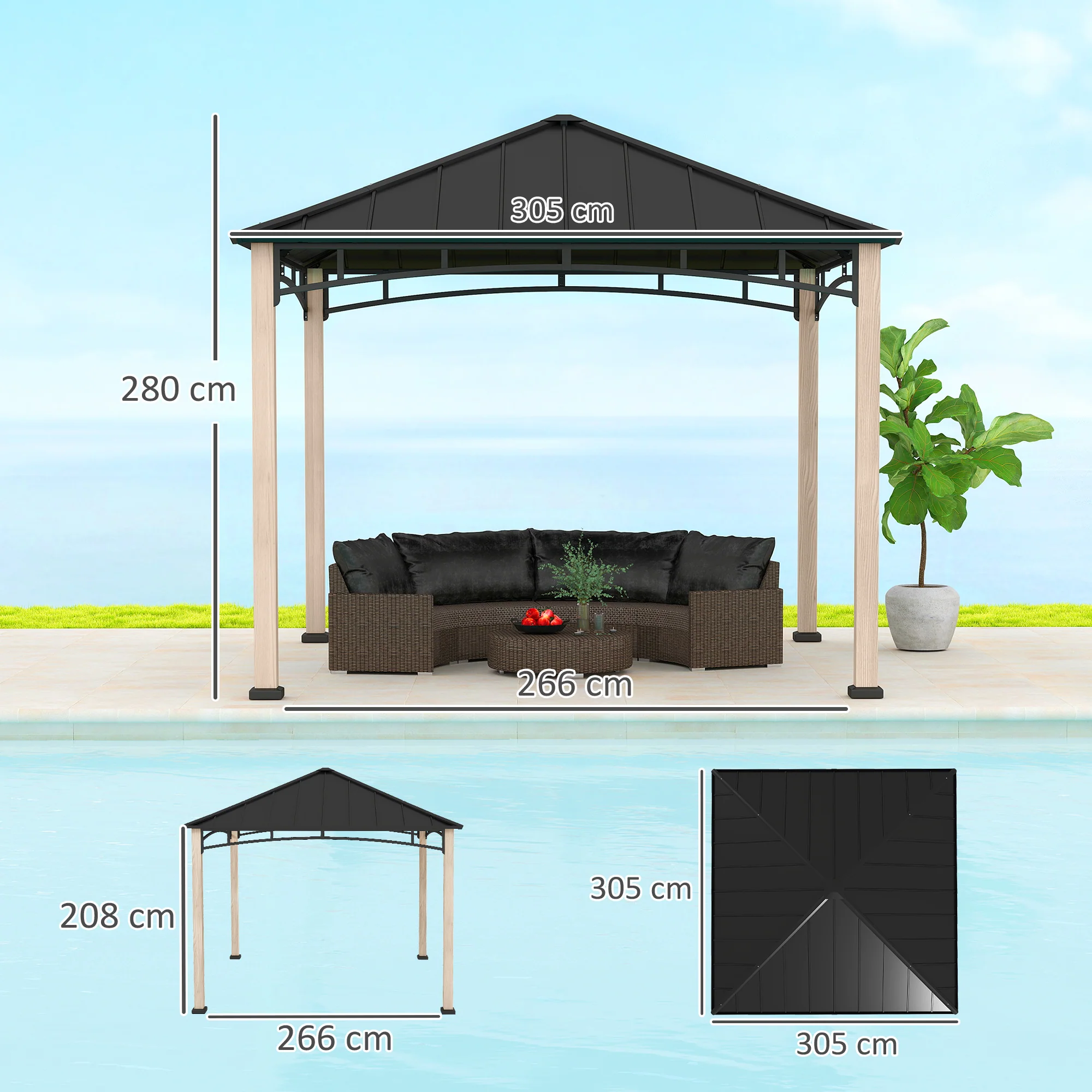 Outsunny 3 x 3(m) Hardtop Gazebo with Metal Roof and Wood Grain Frame - Image 5