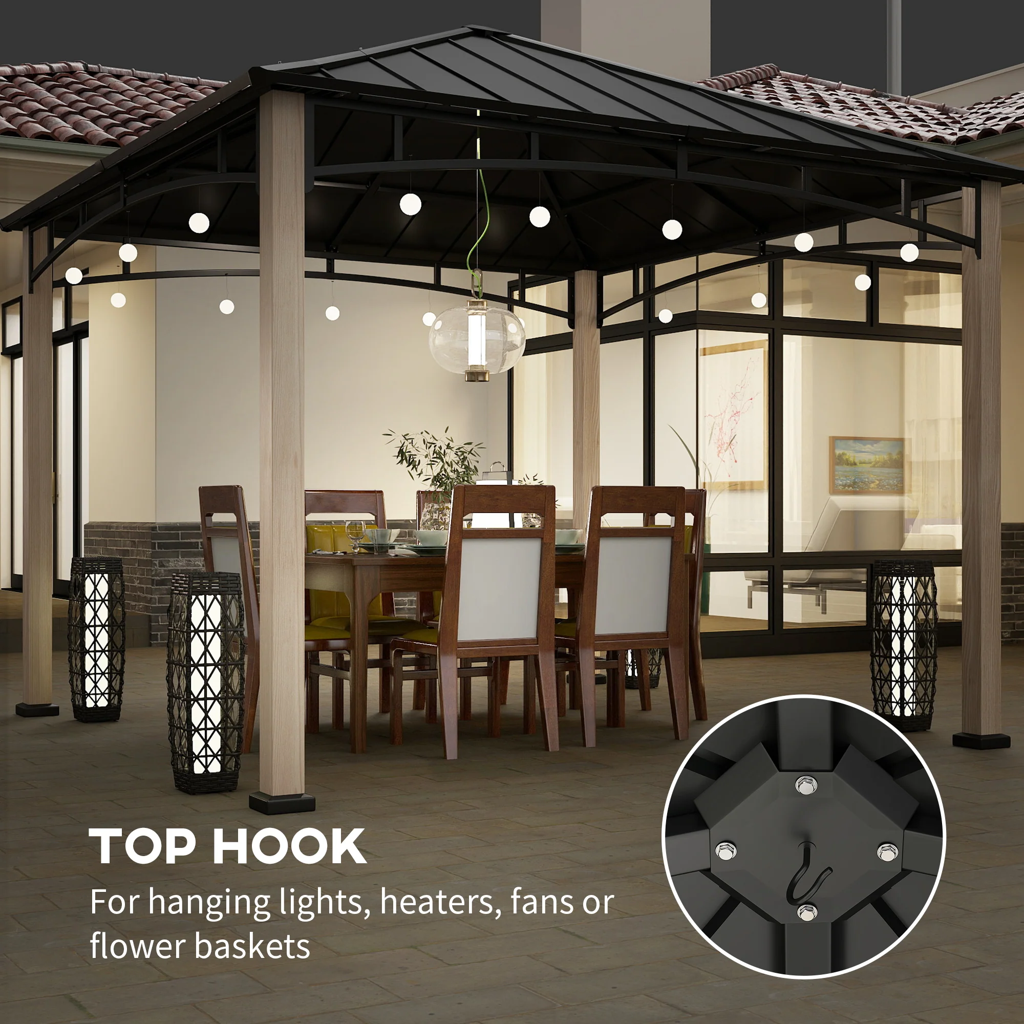Outsunny 3 x 3(m) Hardtop Gazebo with Metal Roof and Wood Grain Frame - Image 6