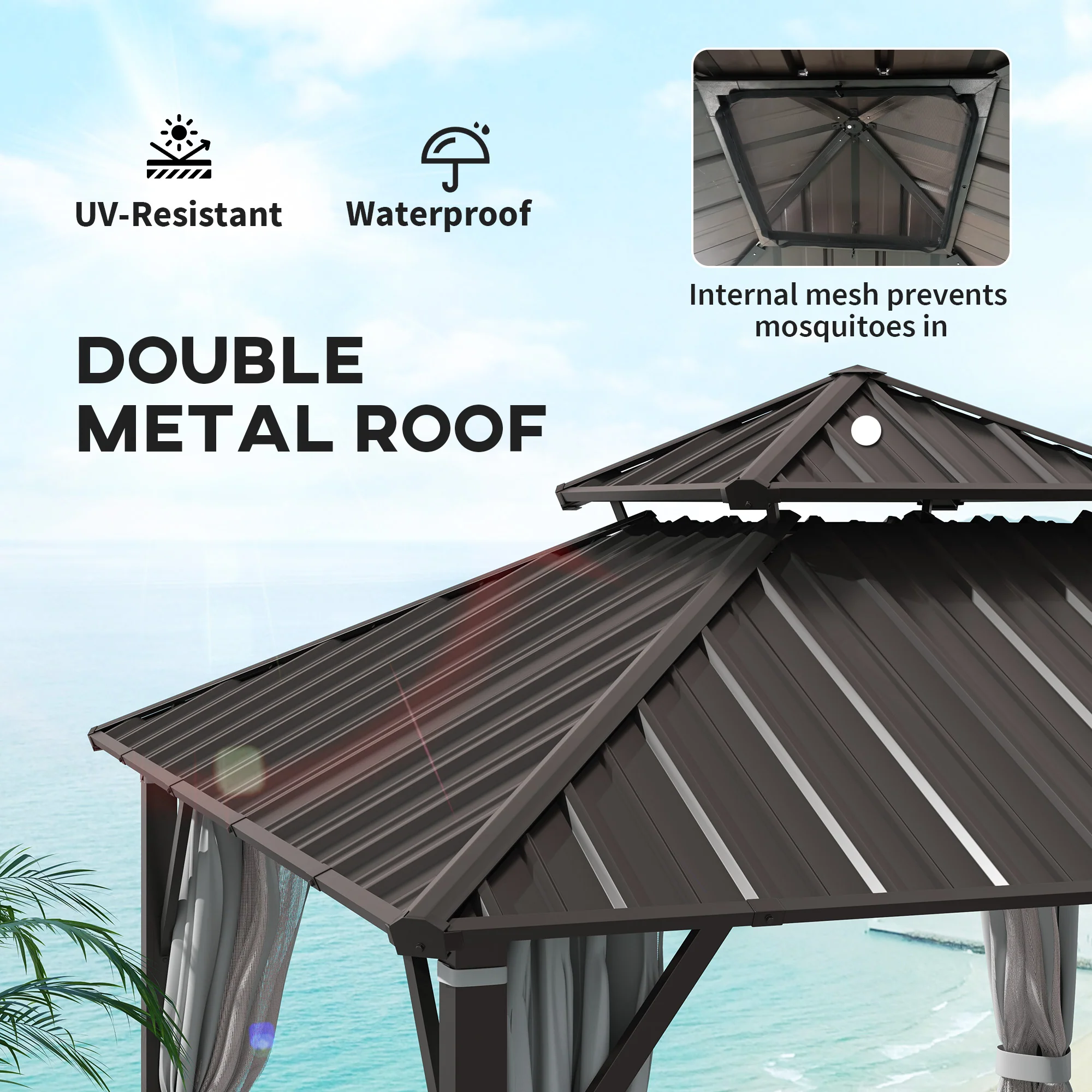 Outsunny 3 x 3(m) Hardtop Gazebo with Metal Roof, Netting and Curtains - Image 3