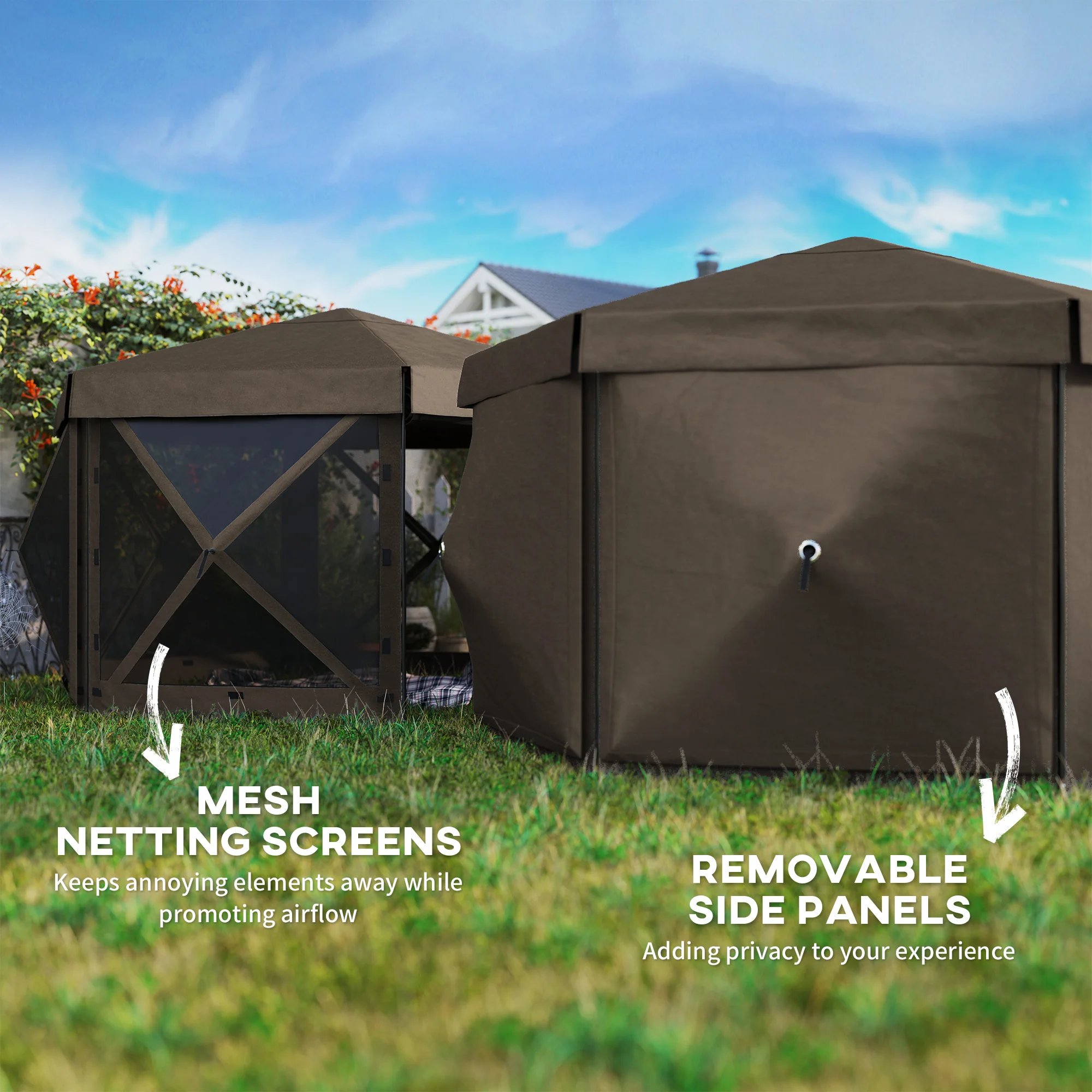 Outsunny 3 x 3(m) Hexagon Pop Up Gazebo with 5 Sides, Netting, Brown - Image 4