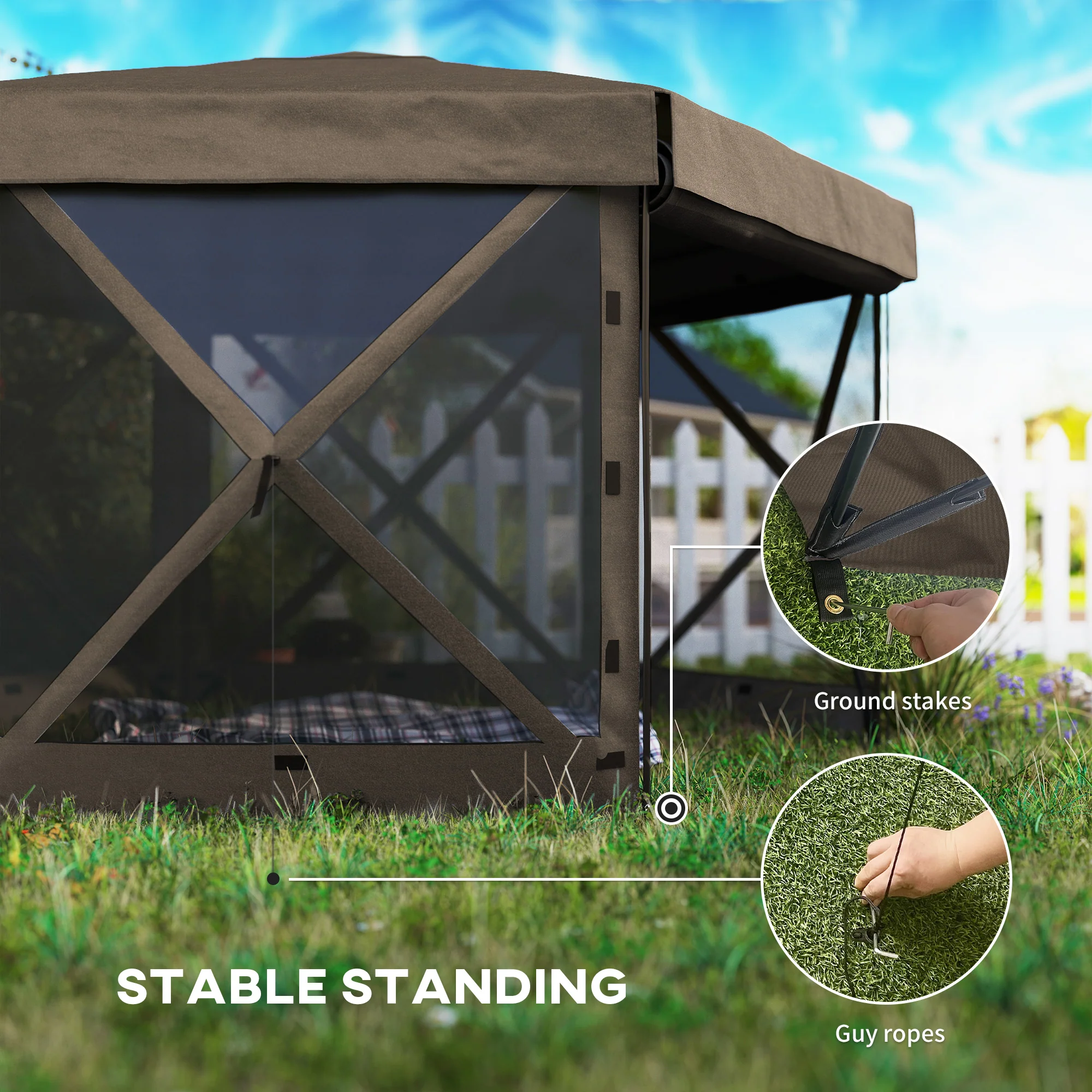 Outsunny 3 x 3(m) Hexagon Pop Up Gazebo with 5 Sides, Netting, Brown - Image 7