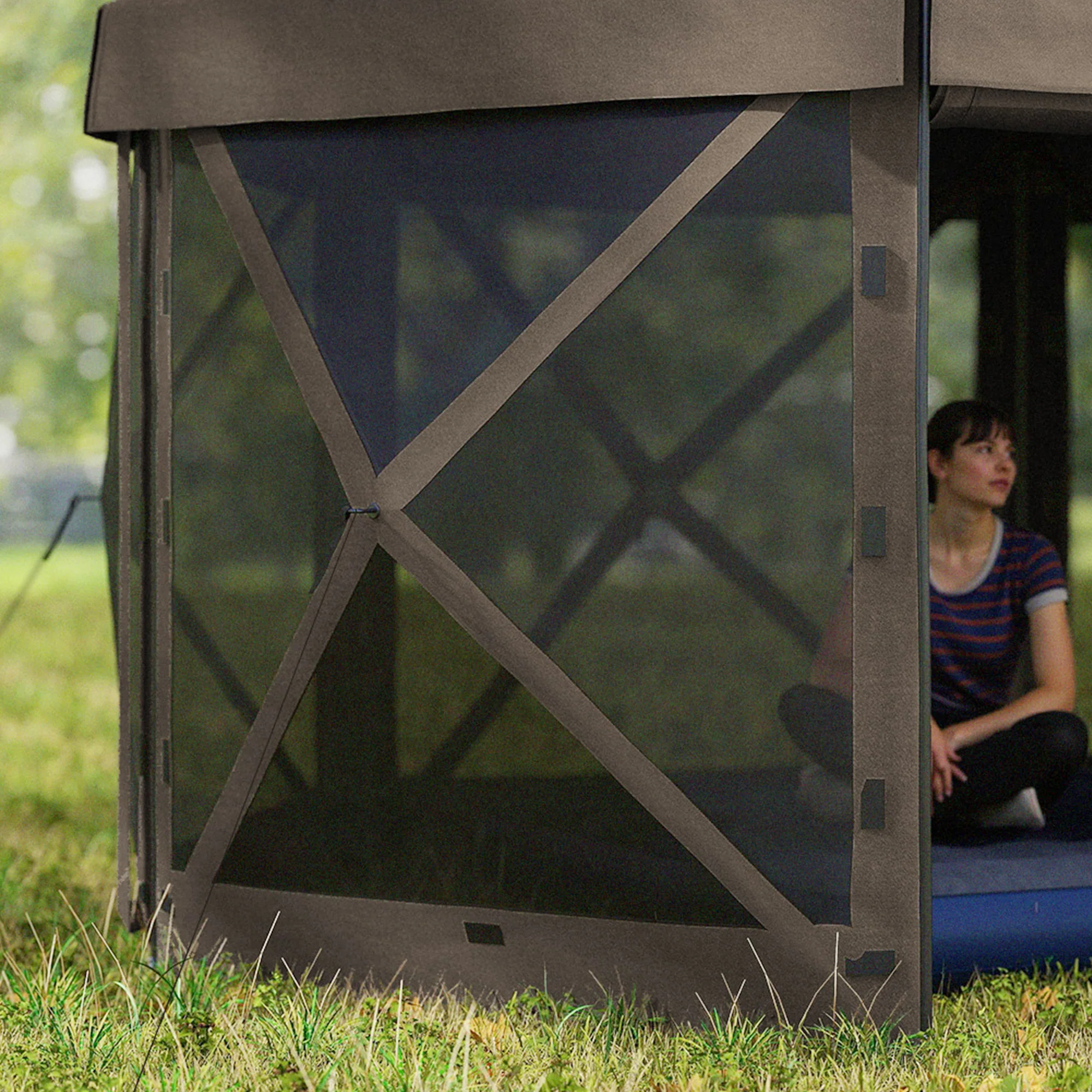 Outsunny 3 x 3(m) Hexagon Pop Up Gazebo with 5 Sides, Netting, Brown - Image 9
